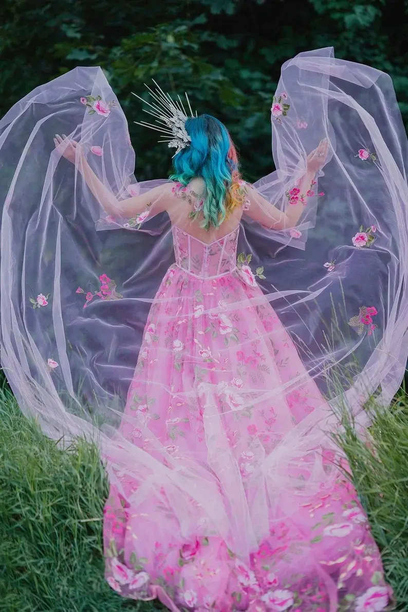 Princess A Line Long Sleeves Floral Tulle Long Prom Dresses Formal Evening Dress DMP186