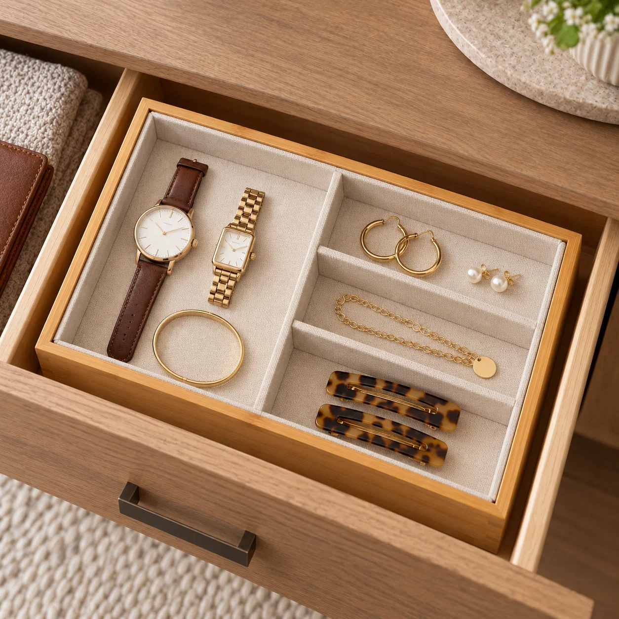 Bamboo Jewelry Drawer Tray with Removable Liner