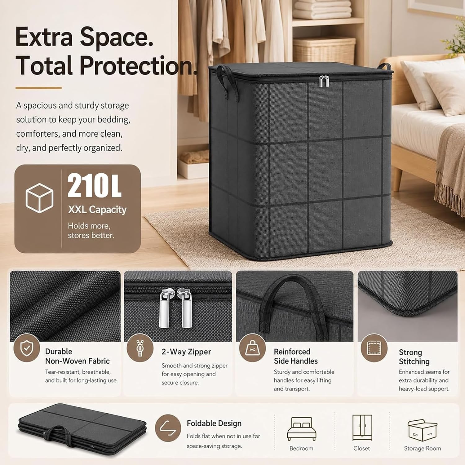 210L Spacious Moving Storage Bin - XXL Storage Bag, Zippered Organizer for Quilts, Bedding and Sweaters, Large Capacity Fabric Bag for Moving Day and Closet Use (3pcs, XXL)