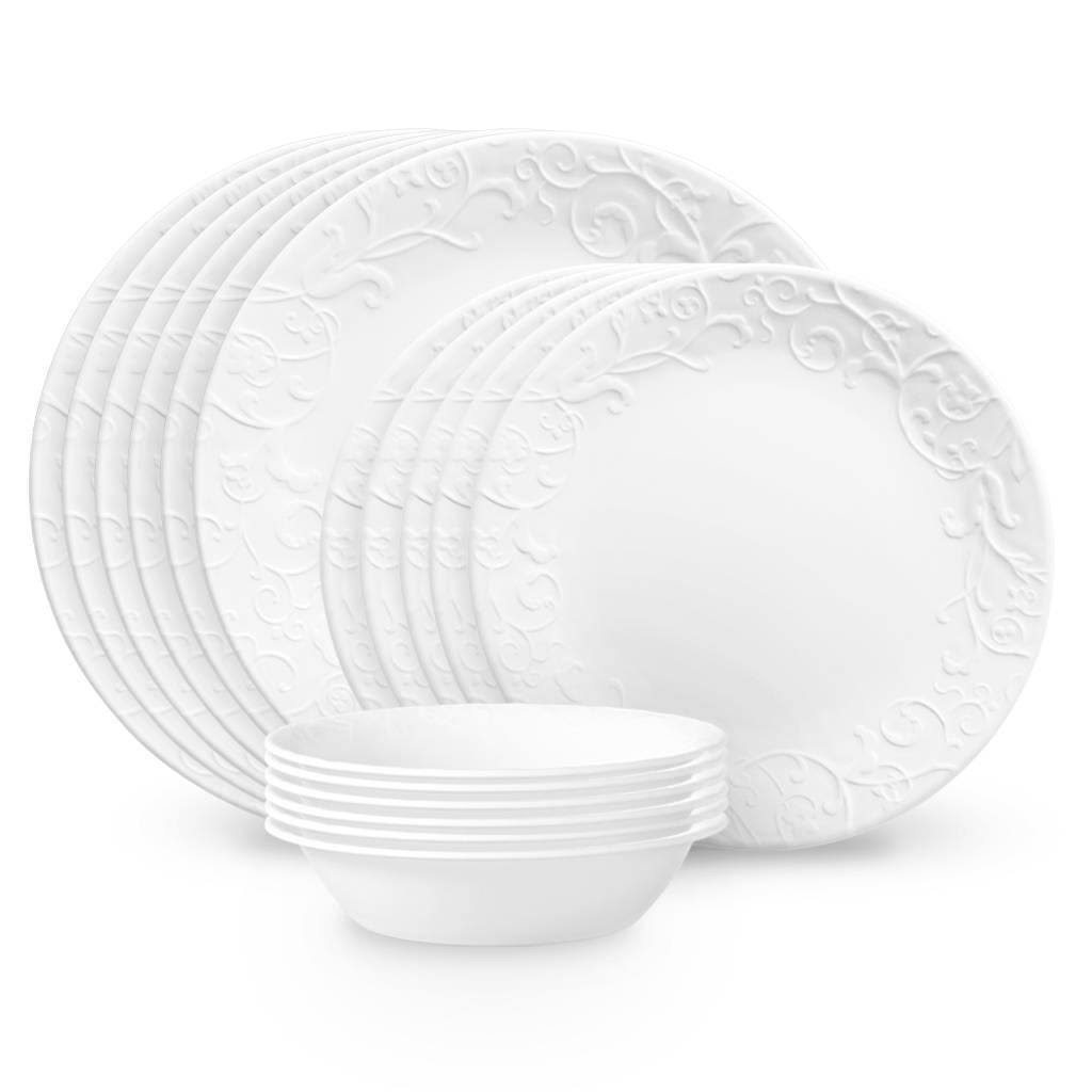 Corelle 18-Piece Embossed Bella Faenza Vitrelle Dinnerware Set - White