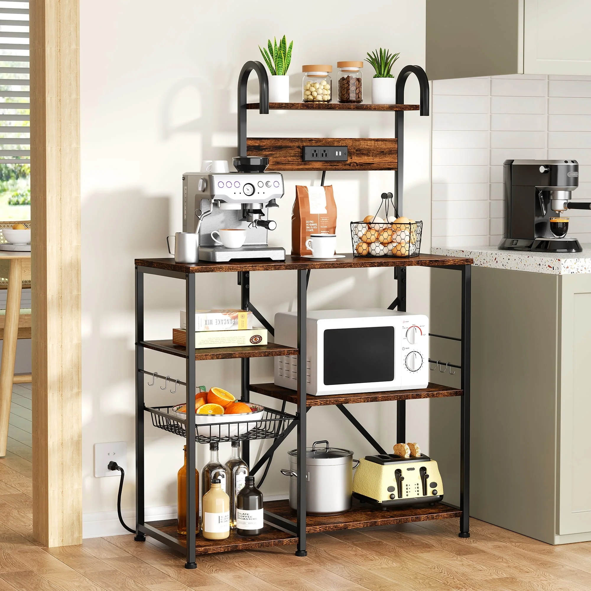 Walsunny Kitchen Bakers Rack with Power Outlet,Industrial Kitchen Island Storage Shelf with 6 Hooks 6 Tier Rack(no power Outlet/Gray)