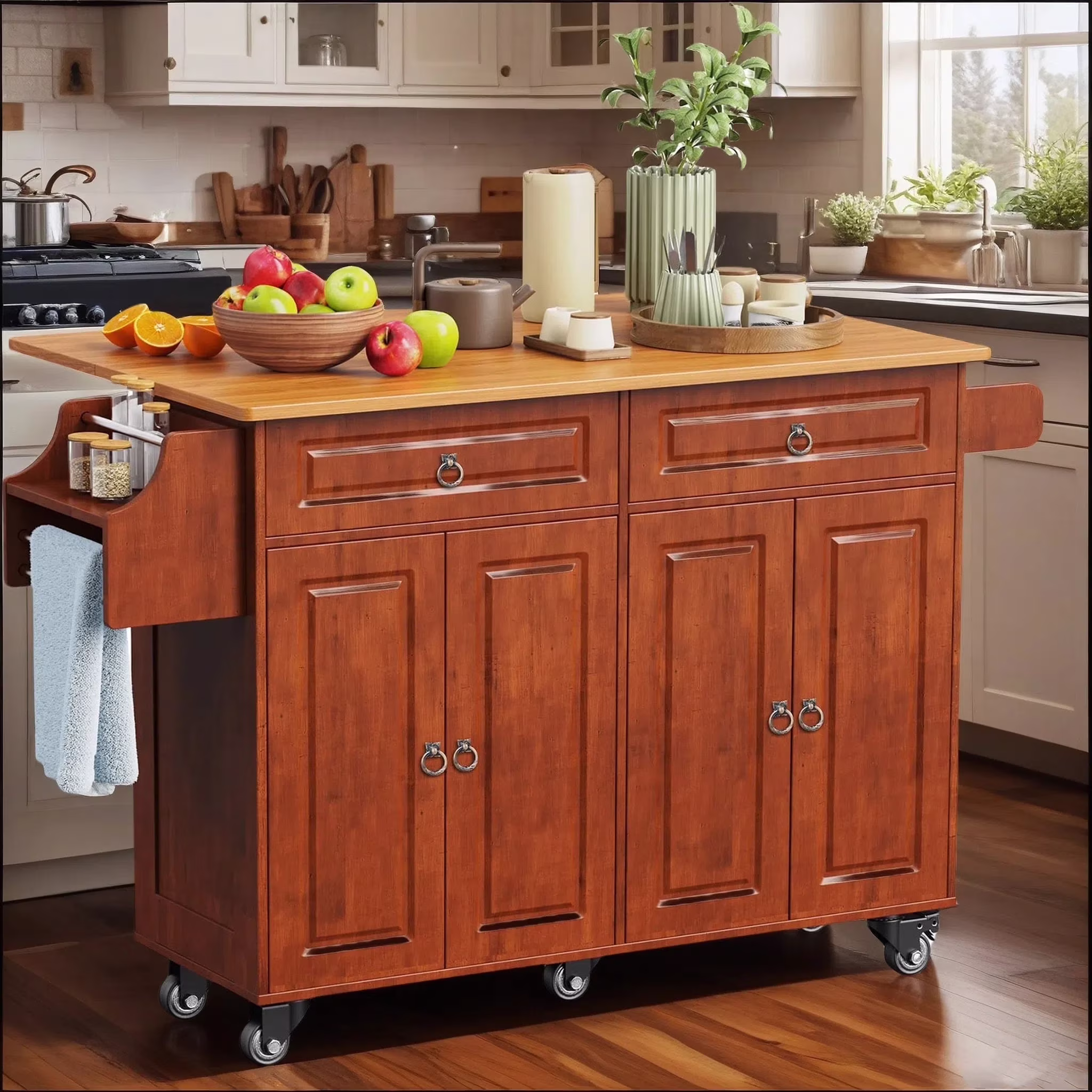 52-Inch Kitchen Island with Storage on Wheels with Wood Drop Leaf, Ideal for Small Kitchens(White) - Image 3