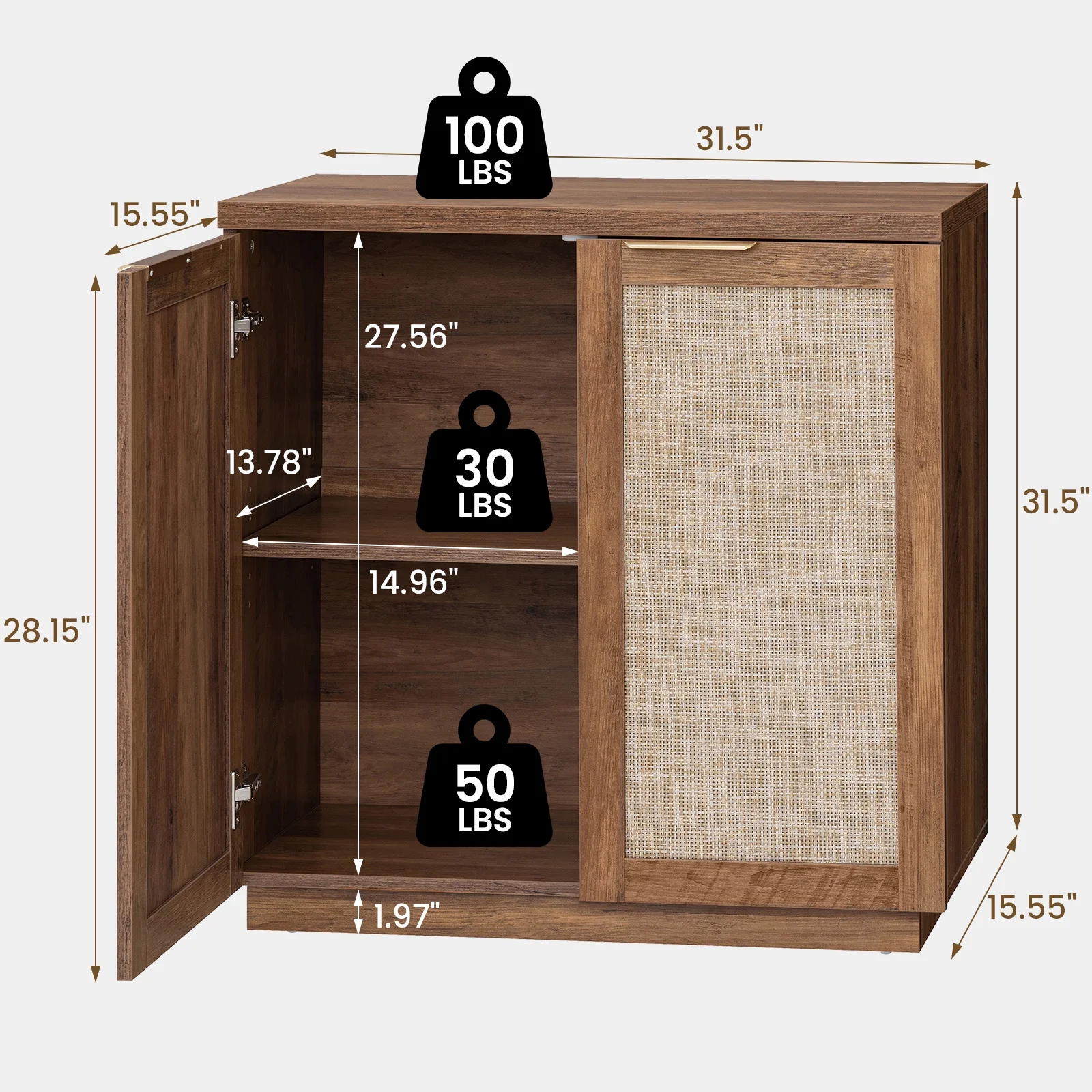 Sideboard Buffet Cabinet Rattan Kitchen Storage Organizer with 5-Position Adjustable Shelf 2 Doors Boho Farmhouse Accent Cabinets TV Console for Living Dining Room Coffee Bar(31.5" x 15.55" x 31.5"/Single) - Image 7