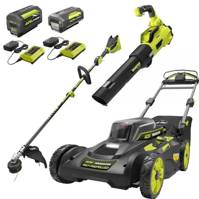 Tondeuse à gazon autotractée 40 V sans balais de 50 cm (20 po) avec coupe-bordures et souffleur de feuilles, livrée avec 2 batteries et 2 chargeurs.