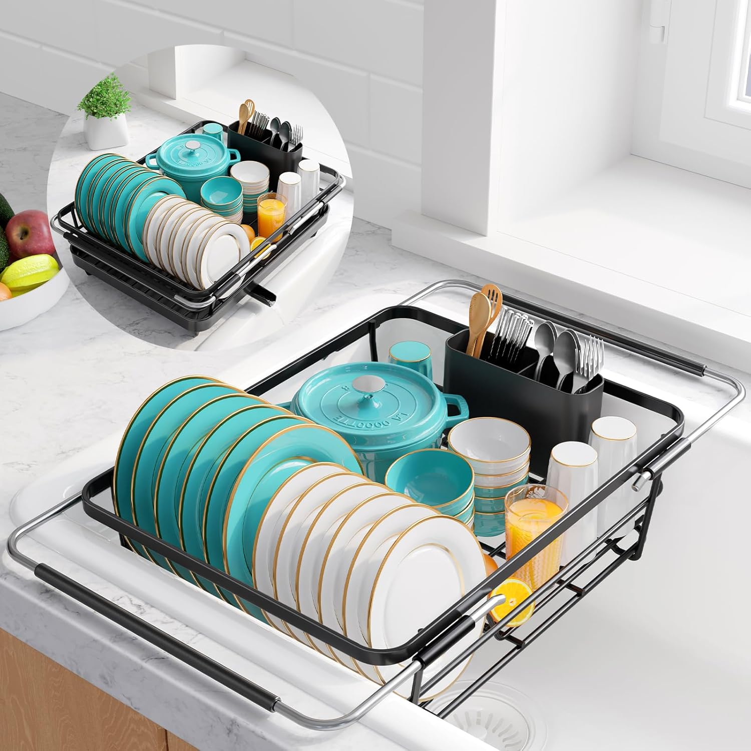 Sakugi Extendable Dish Drying Rack Over Sink with Dish Drainer, Sink Organization and Storage Essentials with Silverware & Utensil Holder, Home and Apartment Decor, 12