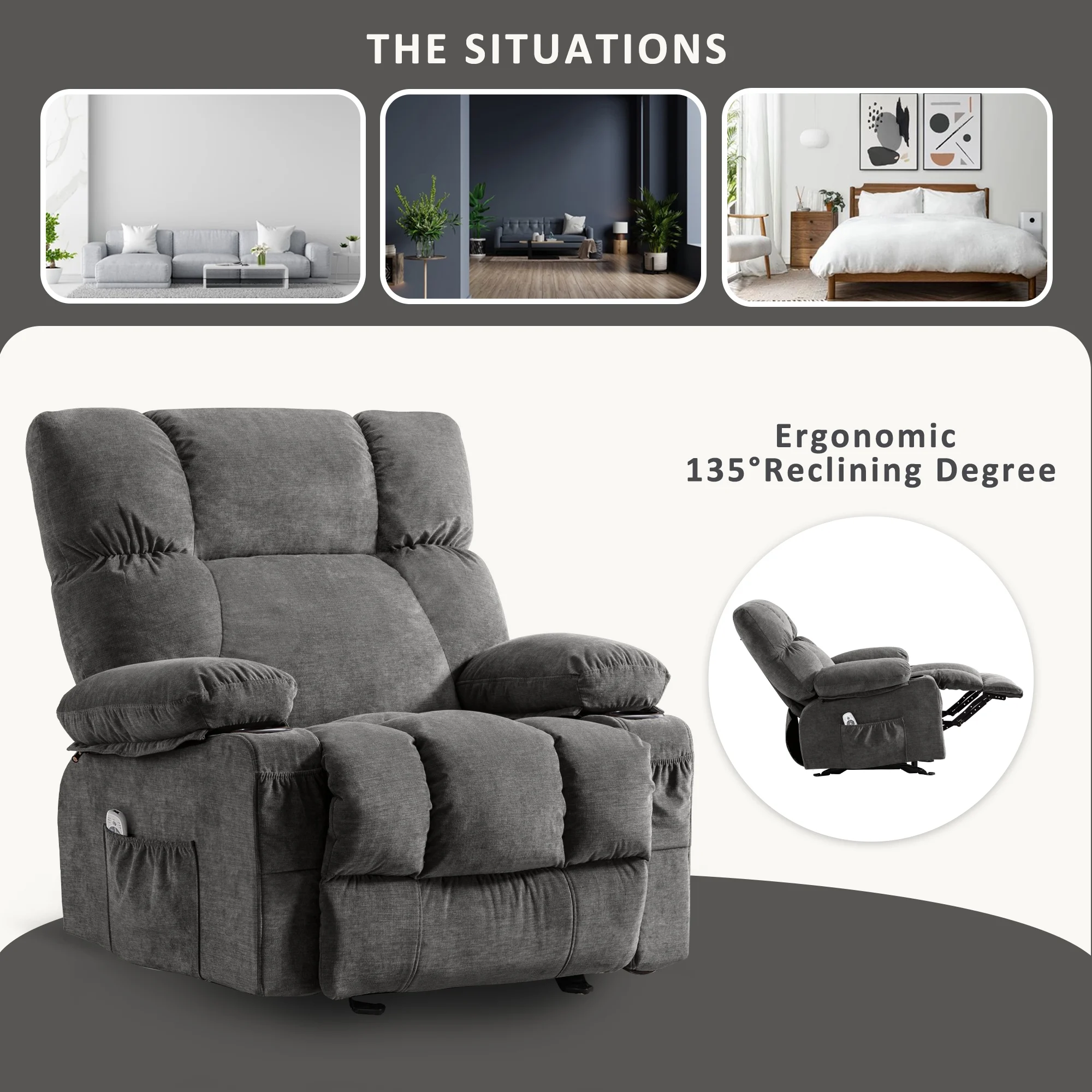 Manual Recliner Chair with Heat Therapy and Massage Function, Heavy Duty Reclining Mechanism Massage Chair, Elderly Single Rocker Sofa with Cup Holders for Bedroom Home Theater,Grey(Regular-Grey) - Image 8