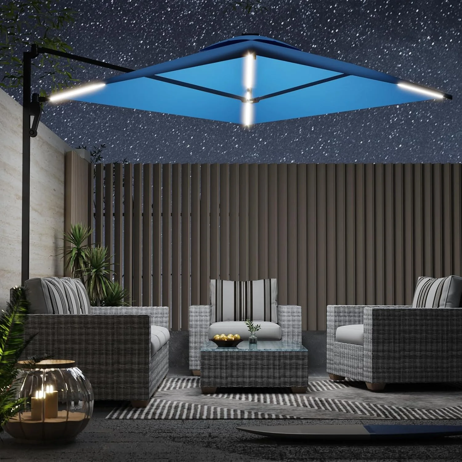 AECOJOY 10FT Large Patio Umbrella with Solar Lights, Rectangle Wall Mounted Outdoor Patio Umbrella, Blue