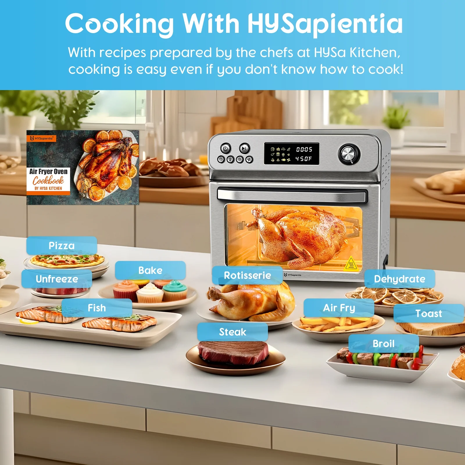 Hysapientia 26QT Air Fryer Oven with Rotisserie 1800W Toaster Oven Air Fryer Combo, 10 in 1 Convection Oven Countertop, Airfryer Toaster Oven, Mini Toaster Oven, Stainless Steel Outer