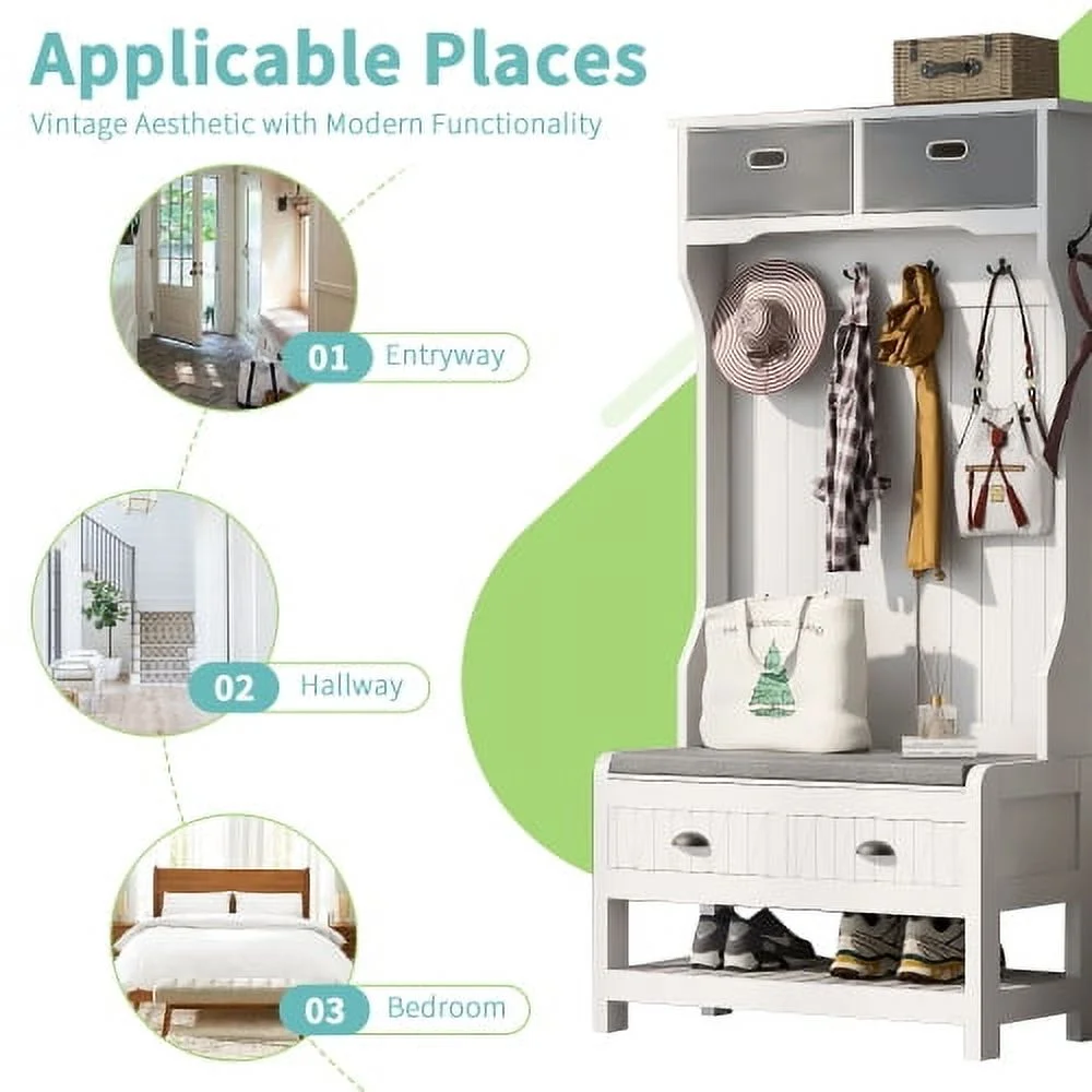 Triple Tree 3-in-1 Multi-Function White Entryway Coat Rack Hanger Storage Hall Tree(White)