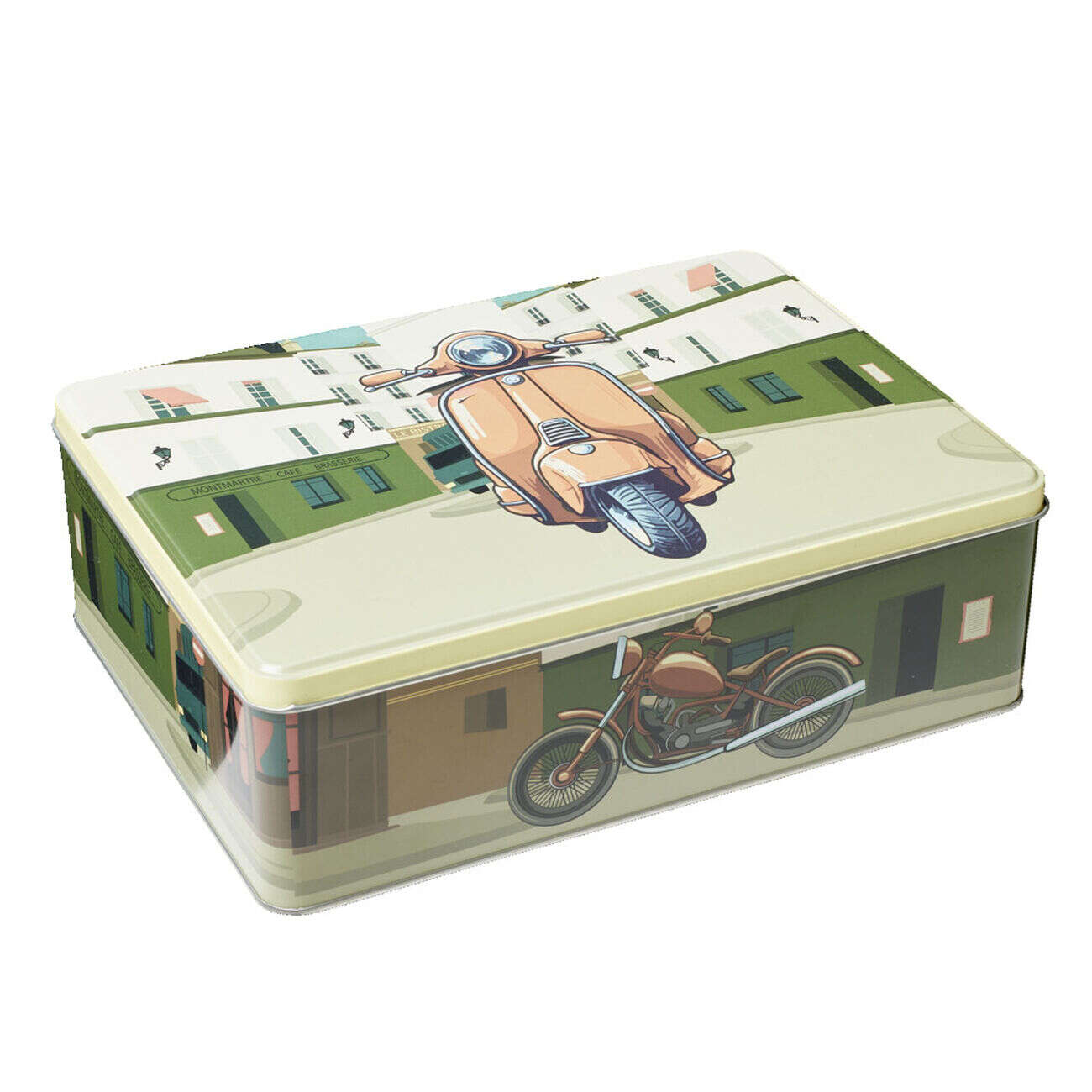 Boîte métal décor vintage 22,5x16,5xH7,5cm (3 modèles)