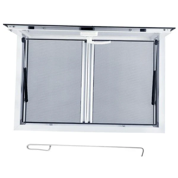 Concession Window 36W x 36H Aluminum Alloy Food Truck Service Window with Sliding Screens & Awning Door, Hydraulic Lift, Locking Mechanism, Versatile for Catering