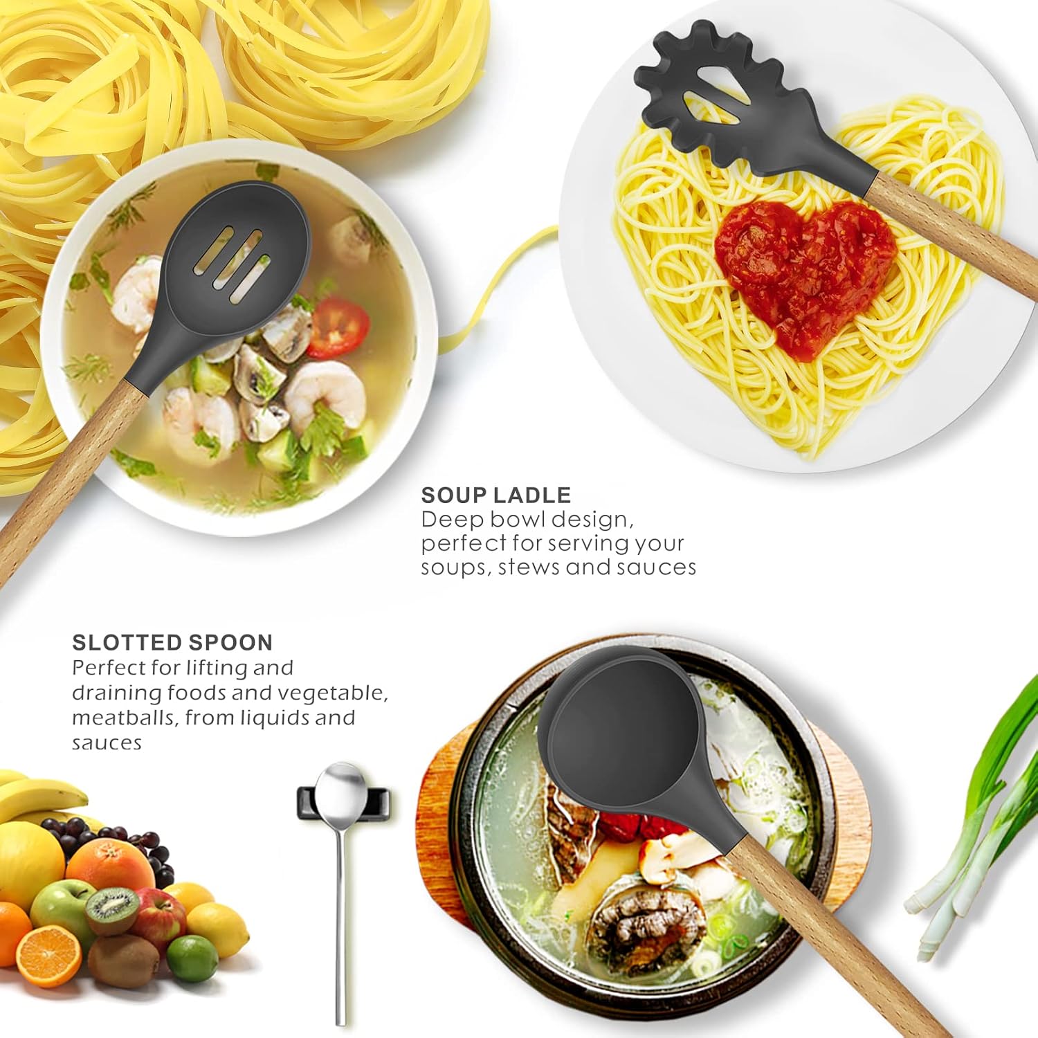 oannao Silicone Cooking Utensils Kitchen Utensil Set - 446°F Heat Resistant Silicone Kitchen Utensils Set, Spatula, Turner Tongs, Spoon, Whisk, Kitchen Gadgets for Nonstick Cookware, BPA Free (Gray)