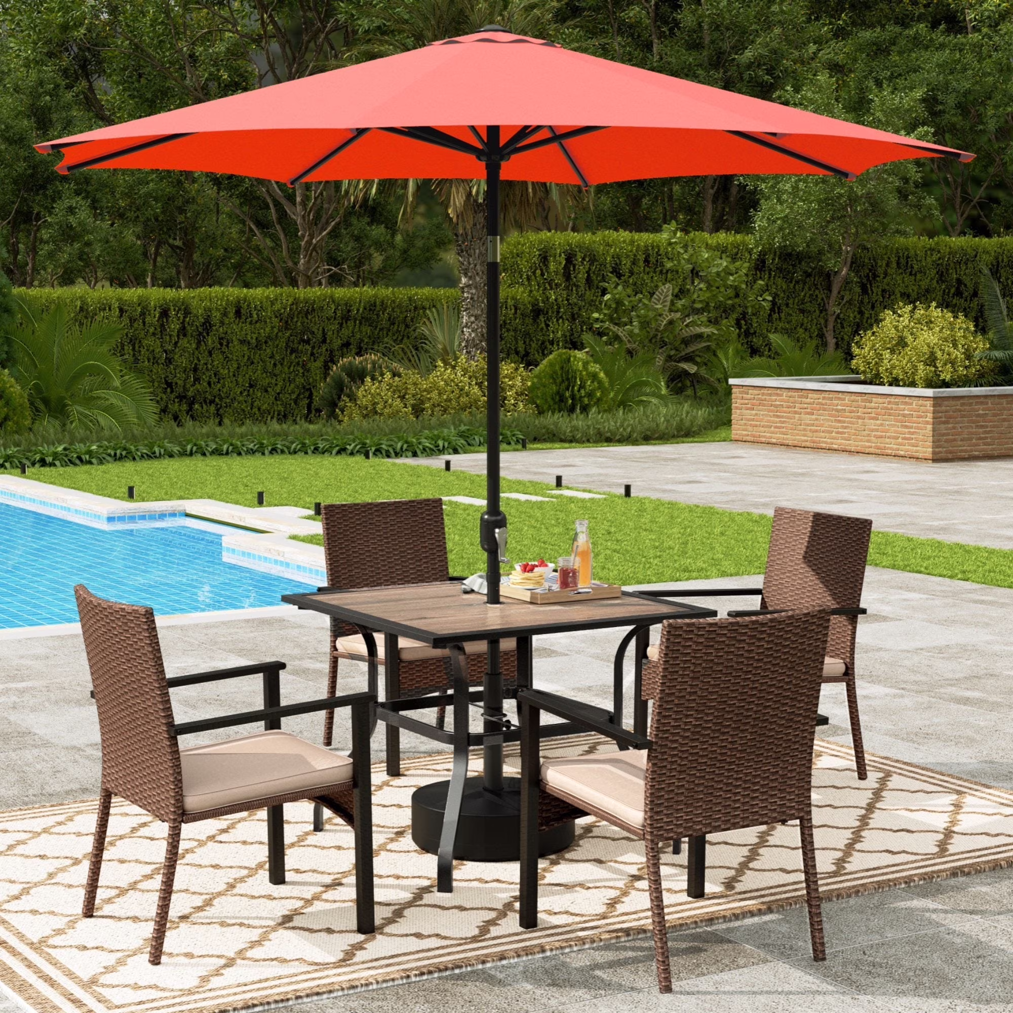 8-Piece Outdoor Patio Dining Set with 13 ft Umbrella, Rattan Chairs Rectangle Table Set for 6, Beige Umbrella(8Pcs-Black/Beige) - Image 5