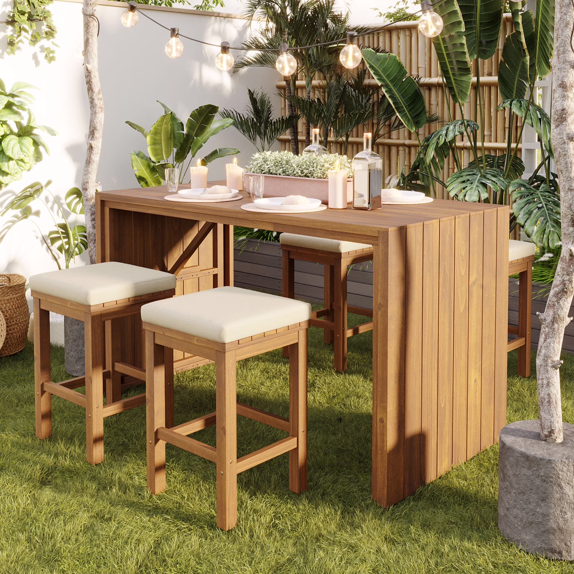 Bellemave 5-Piece Outdoor Bar Set Patio Acacia Wood Bar Height Table and Stools Dining Bar Set with Beige Cushion for Garden, Yard, Poolside