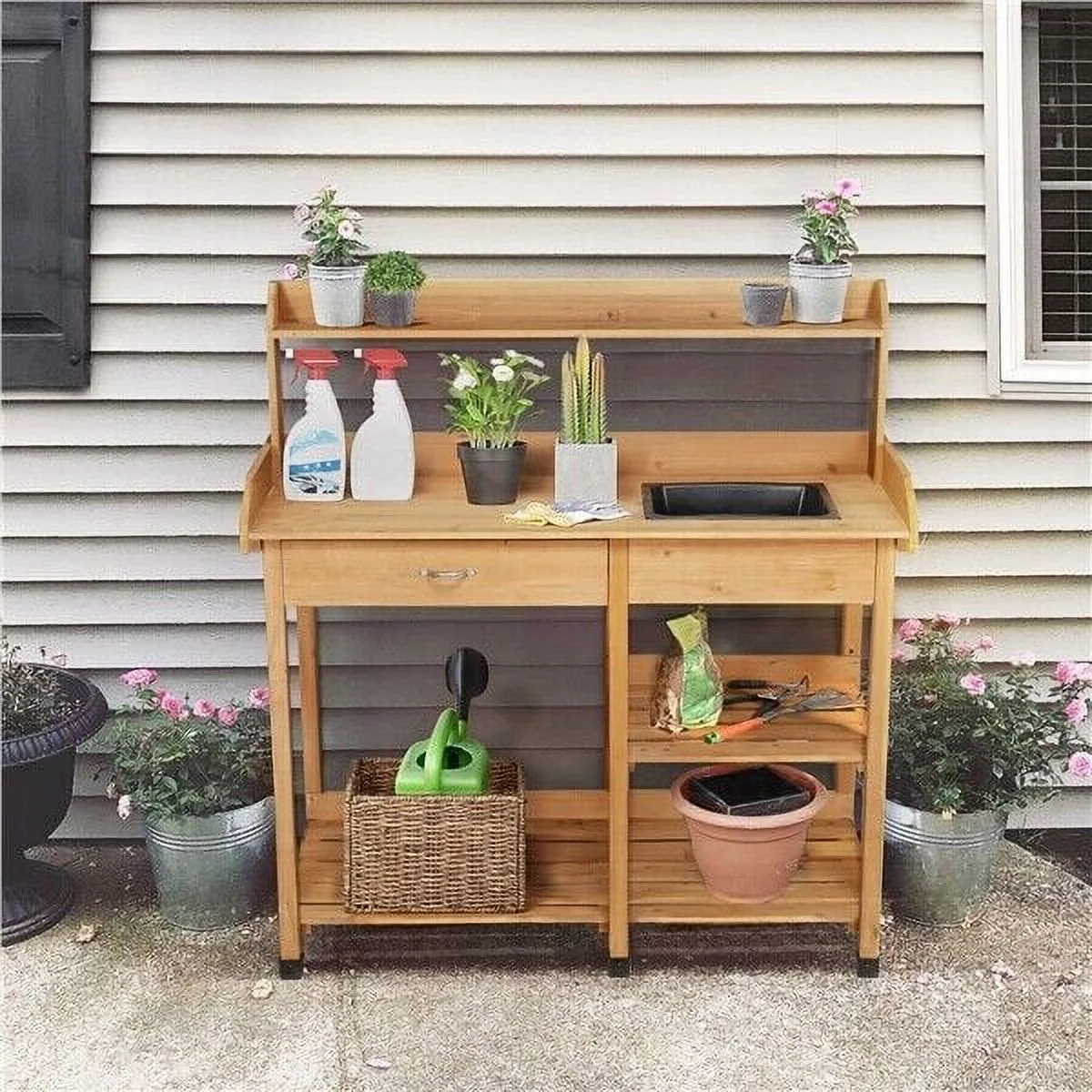Potting Bench Outdoor Garden Work Bench Station Planting Solid Wood Construction for Horticulture w/Sink Drawer Rack Shelves Natural Wood - Image 4