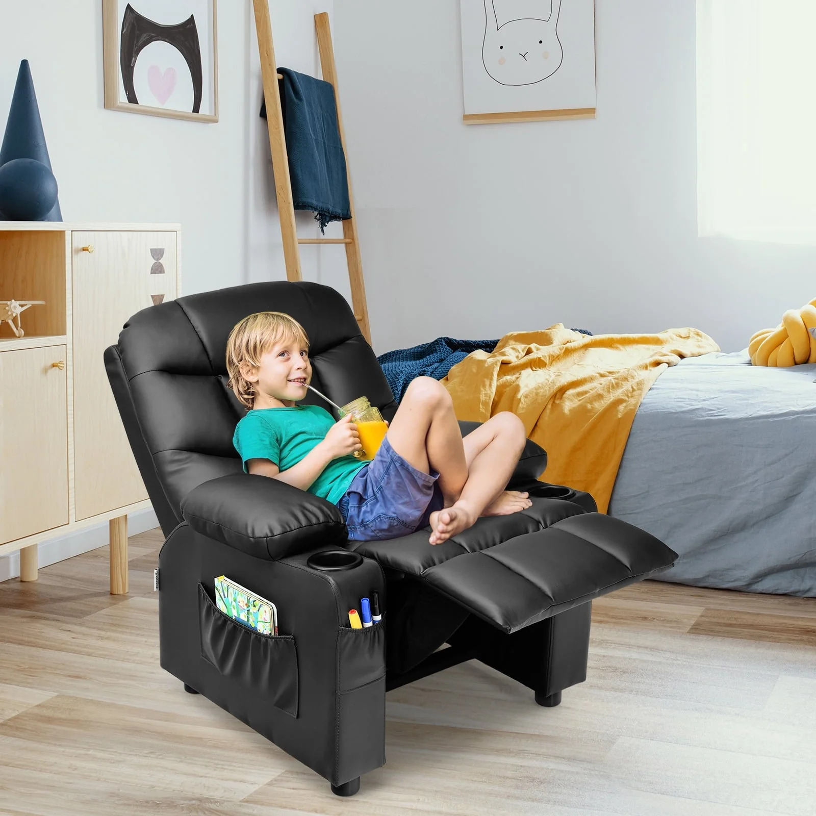 Infans Kids Youth Recliner Chair PU Leather W/Cup Holders & Side Pockets Black