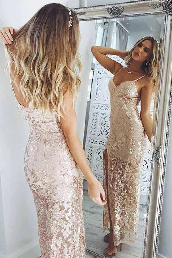 Mermaid Spaghetti Straps Pearl Pink Sequined Split Sexy Prom Dress DME86