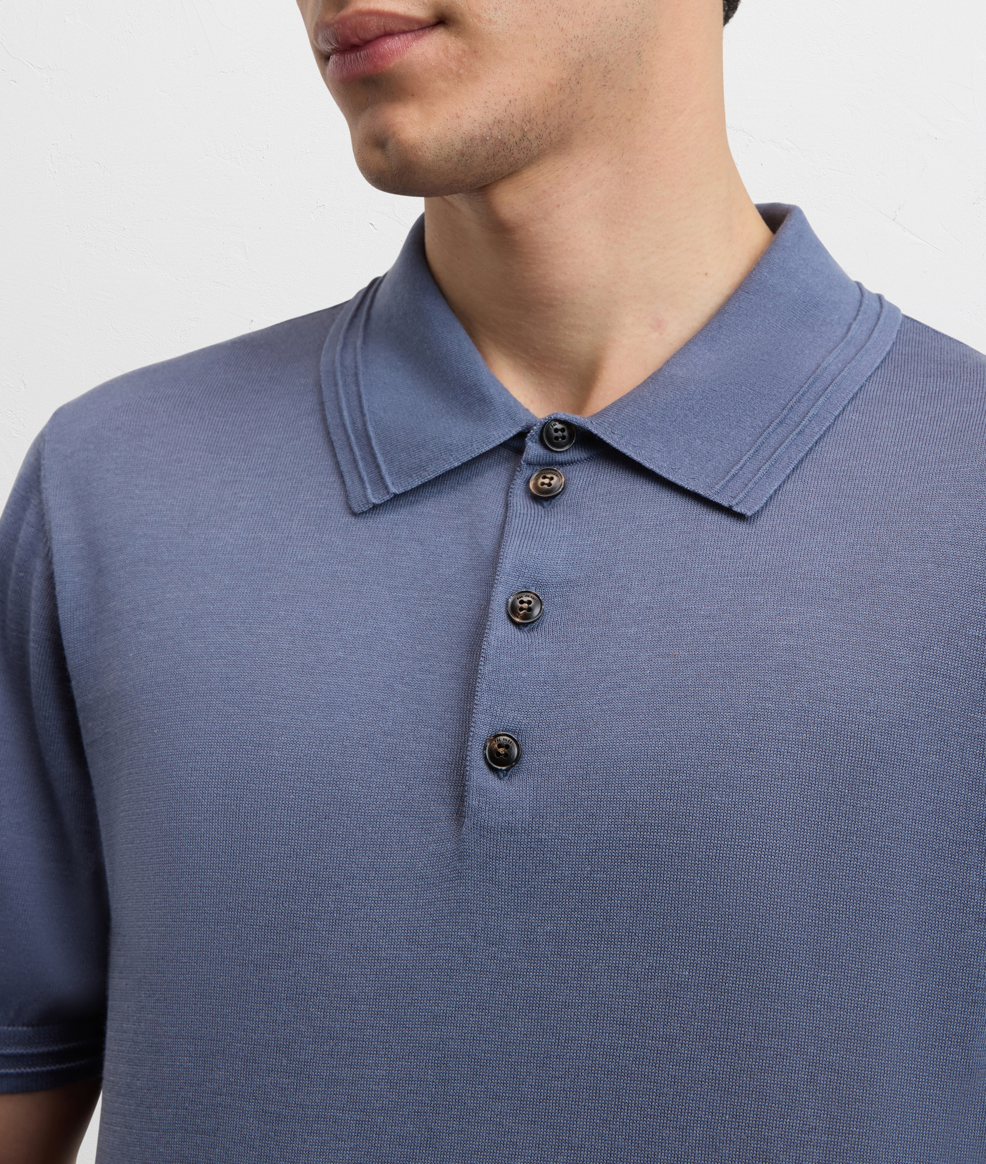 LIGHT BLUE LYOCELL COTTON AND SILK KNITTED SHORT SLEEVED POLO SHIRT
