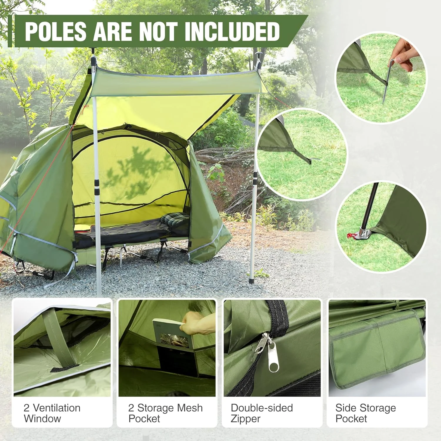 1 Person Camping Cot Tent for Adults, Waterproof Elevated Tent with Cot for Trip, Picnic, 75"x28"x48", Army Green - Image 8