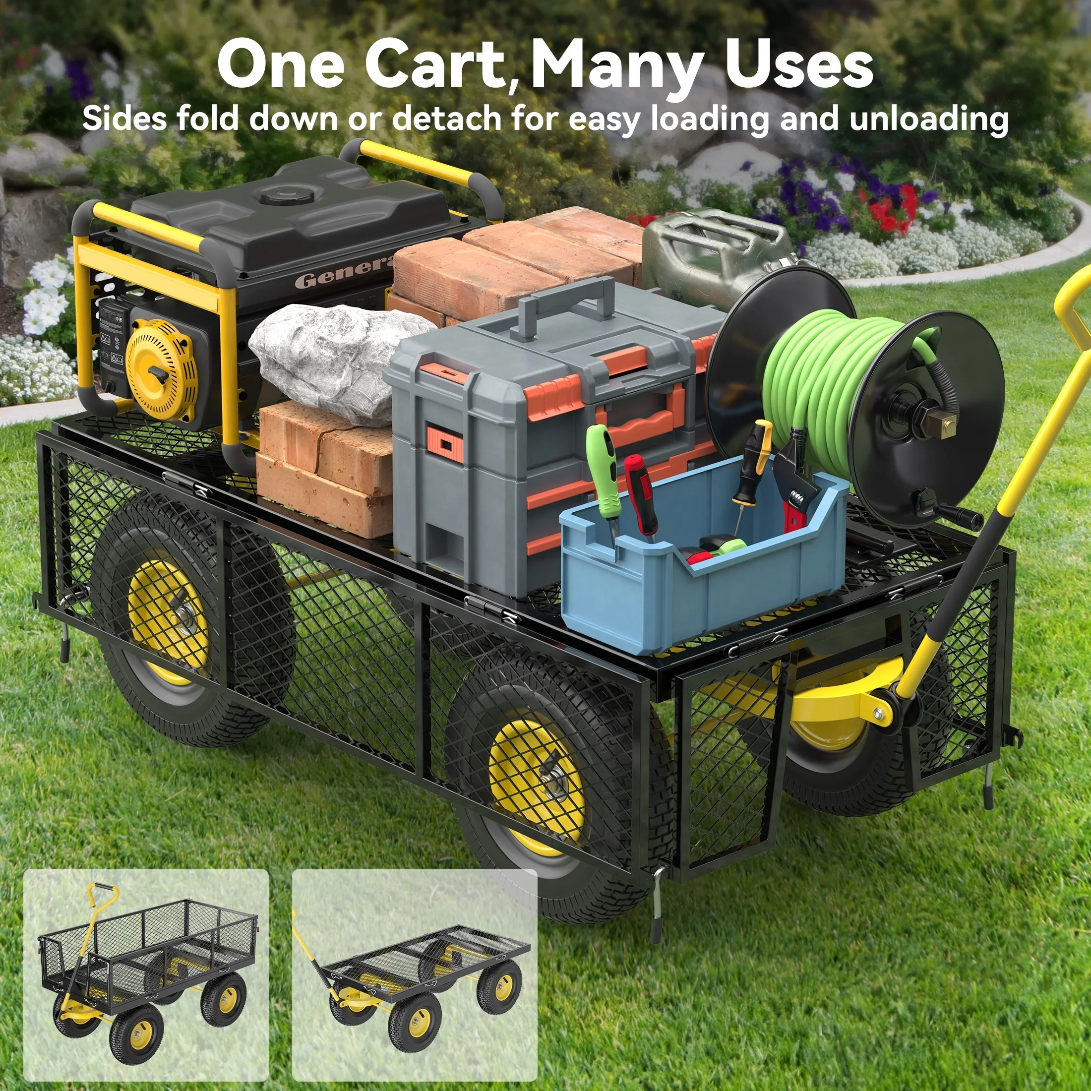 Firstness Heavy Duty Garden Cart, 900 lbs Capacity Garden Wagon with Removable Sides, Black