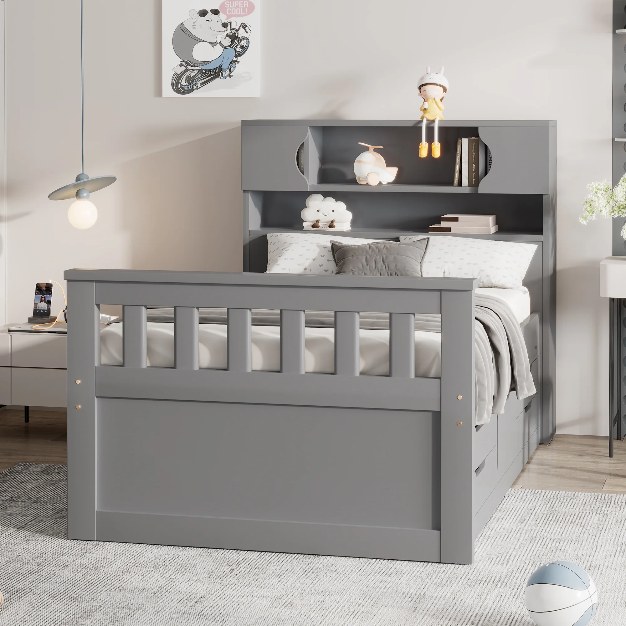 Wood Twin Size Platform Bed with Storage Headboard, Captain Bed with 4 Drawers, Bookcase and Cabinets, Gray(Gray) - Image 2