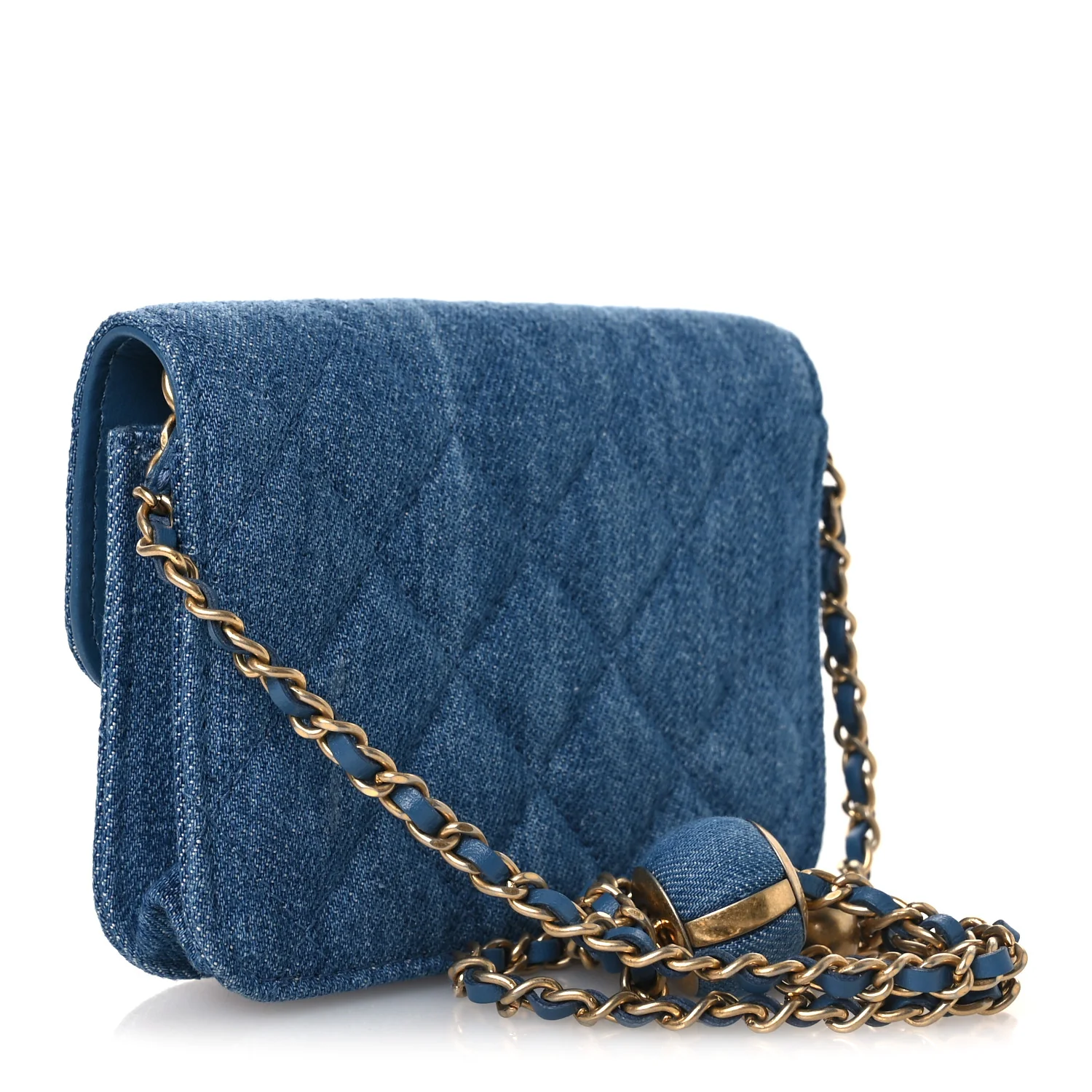 Denim Quilted CC Pearl Crush Clutch With Chain Blue