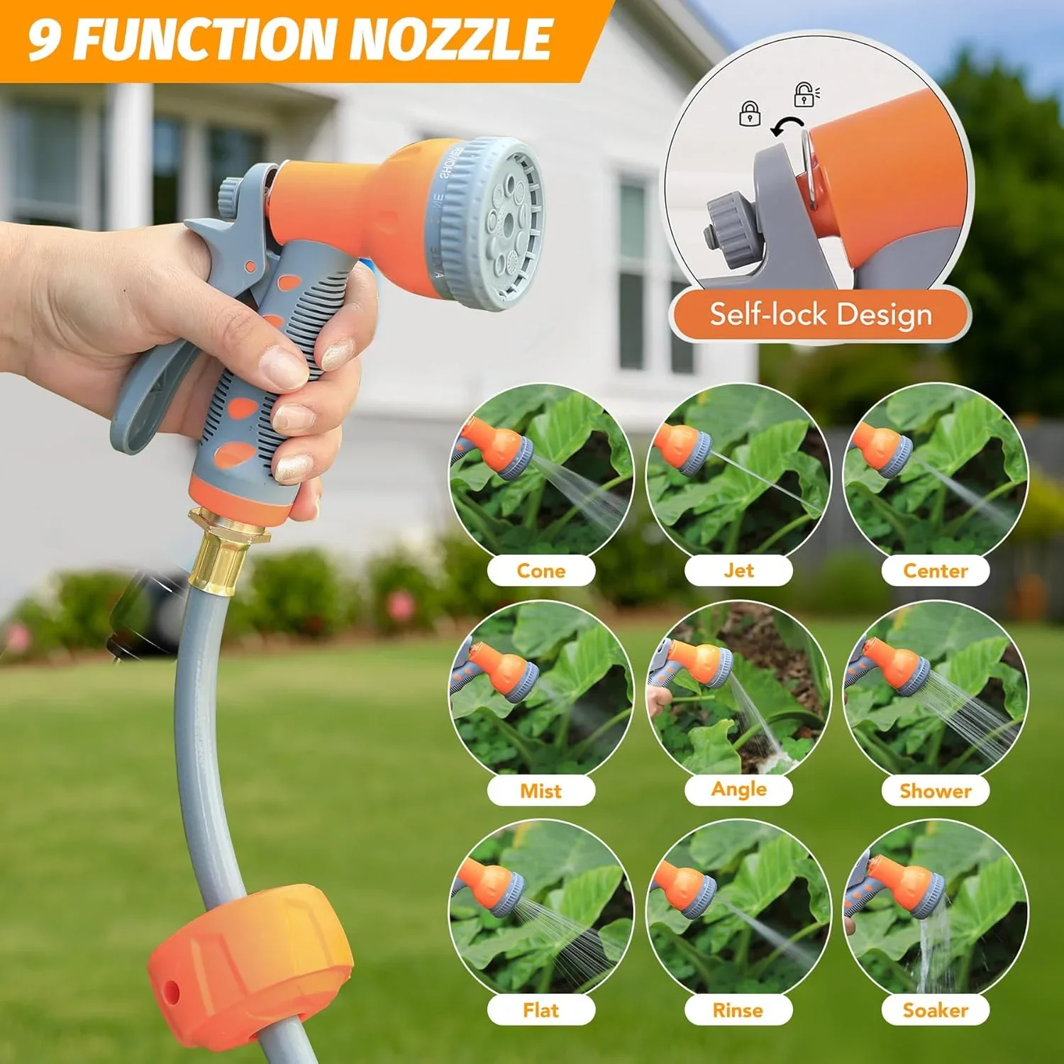 Auto-Retract Wall-Mounted Garden Hose Reel w/9-Pattern Nozzle, 180�� Swivel & Any-Length Lock, 600PSI Durable