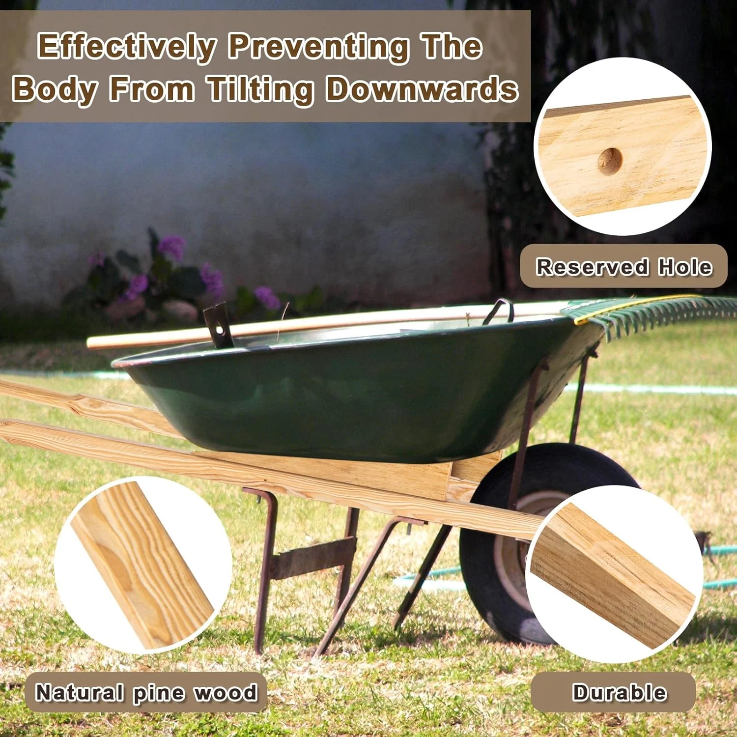 Heavy Duty Wood Wheelbarrow Handles �C 59'' Replacement Kit with 2 Wedges, Pre-Drilled Holes Seal Coat - Image 3