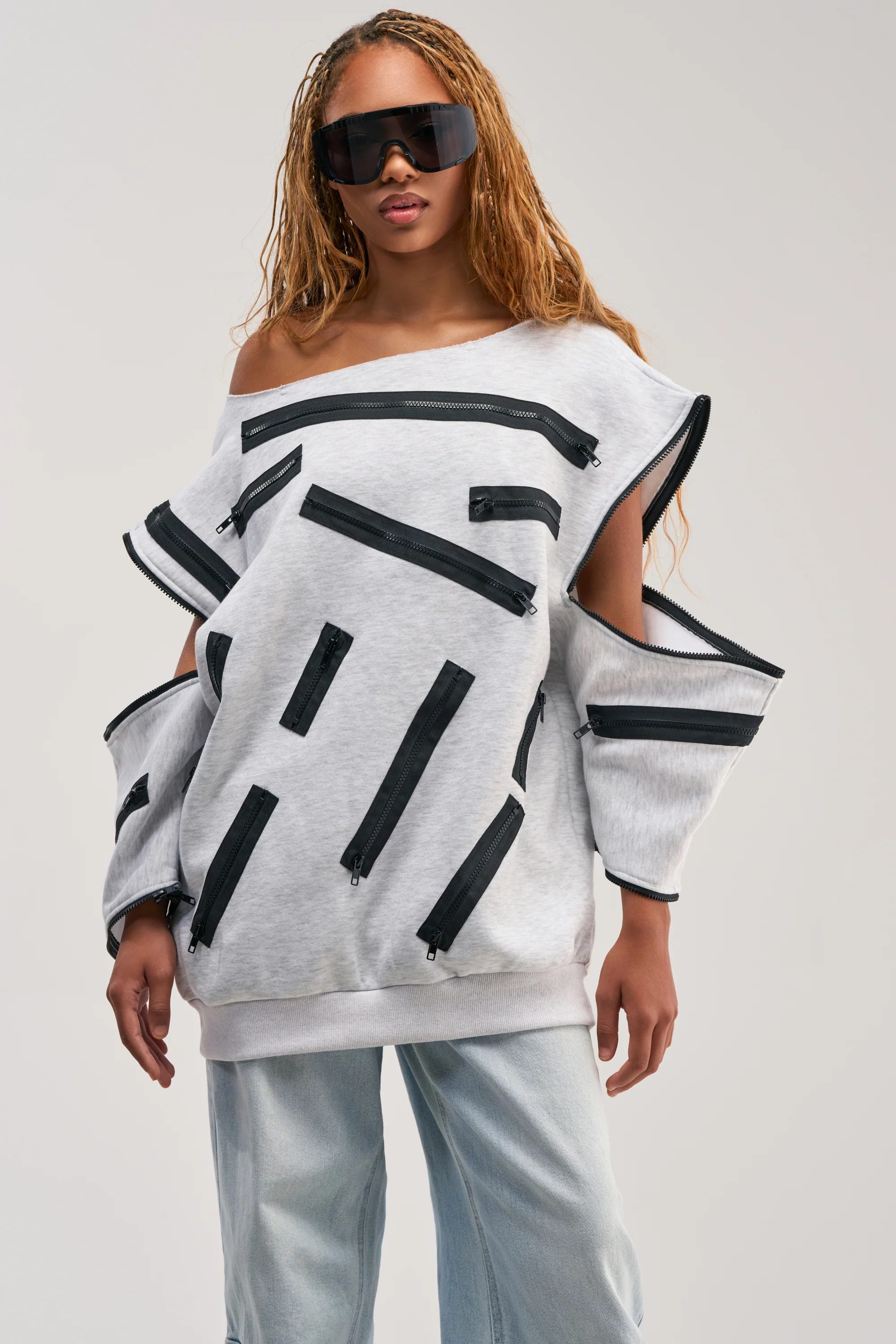 ZIP ZAP OFF THE SHOULDER SWEATSHIRT DRESS-GREY MULTI - Akira Store