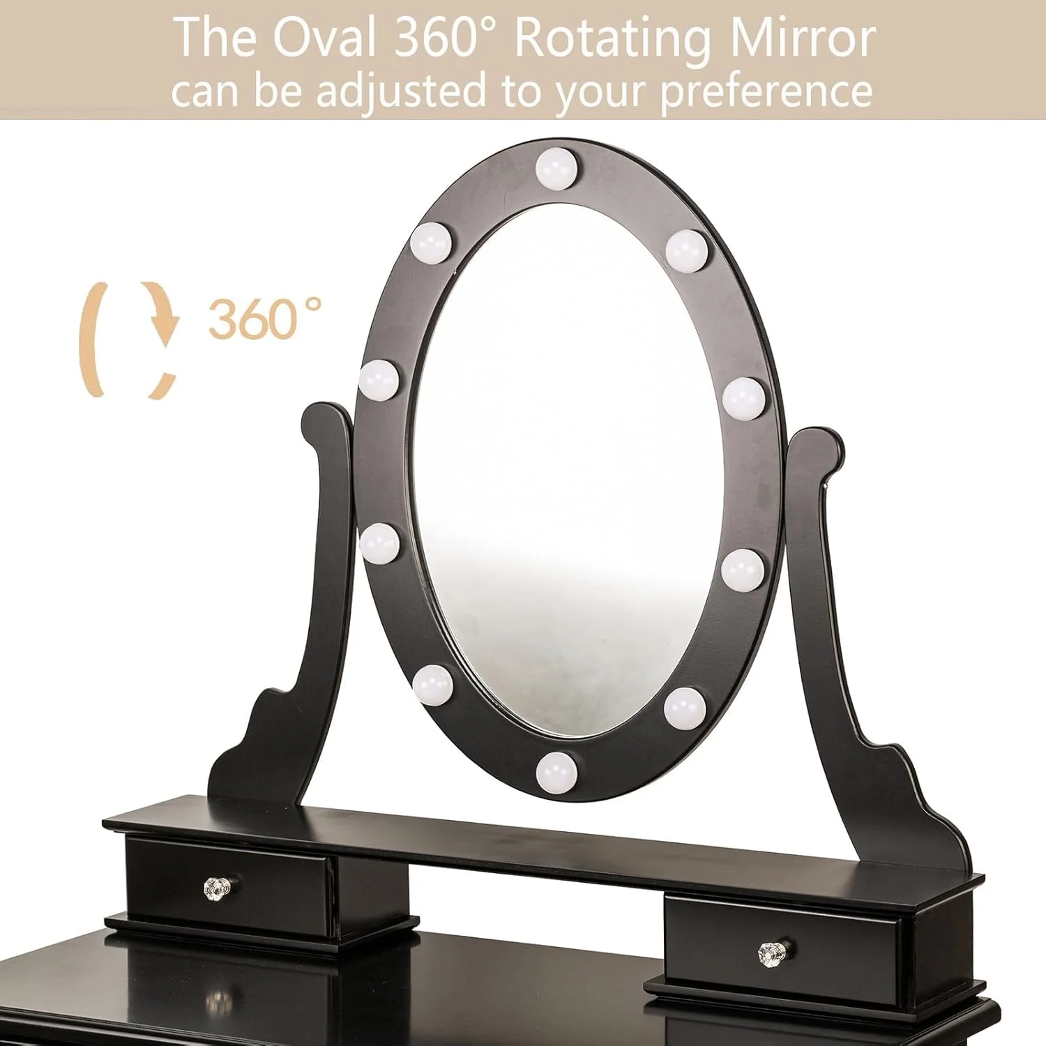 TROPOW Vanity Desk, Makeup Vanity, with Mirror and Lights, Vanity Desk with Mirror and Lights, Wood Makeup Dressing Table Stool with & Oval Mirror 3 Colors Lighting Modes Modern, Black