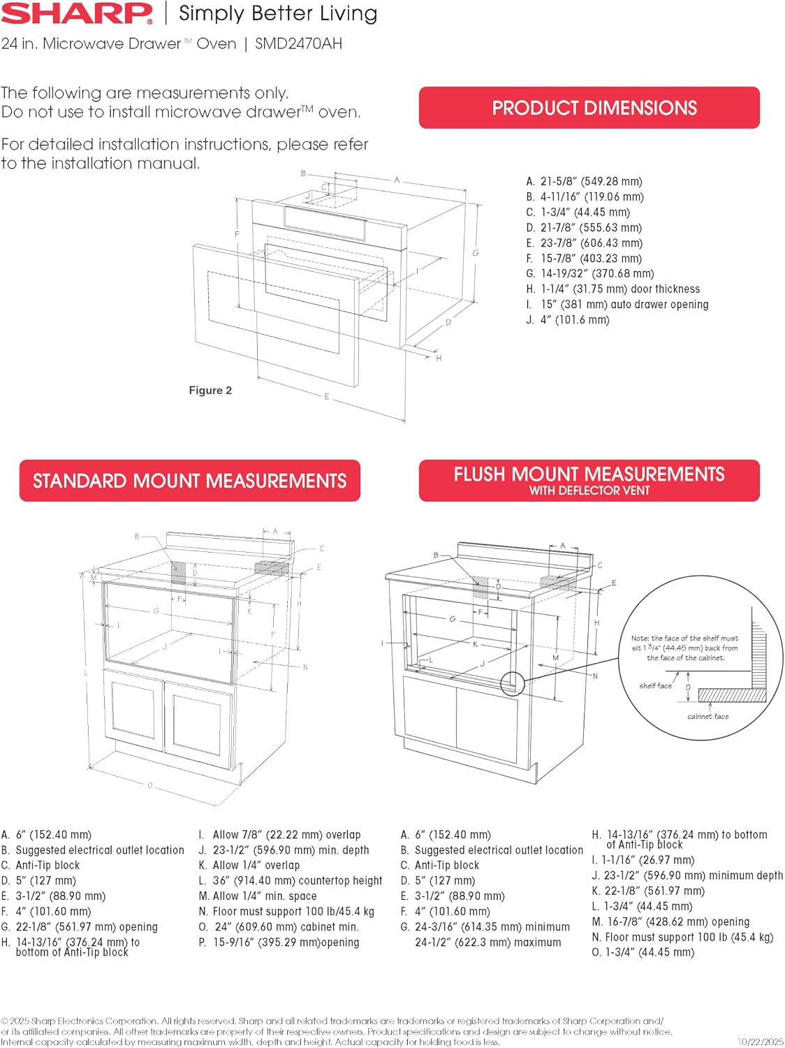 SHARP SMD2470AH Microwave Drawer Oven, 24-inch, 1.2 Cubic Feet, 950 Watt, Concealed Control Panel with Digital LCD Display, Black Stainless Steel