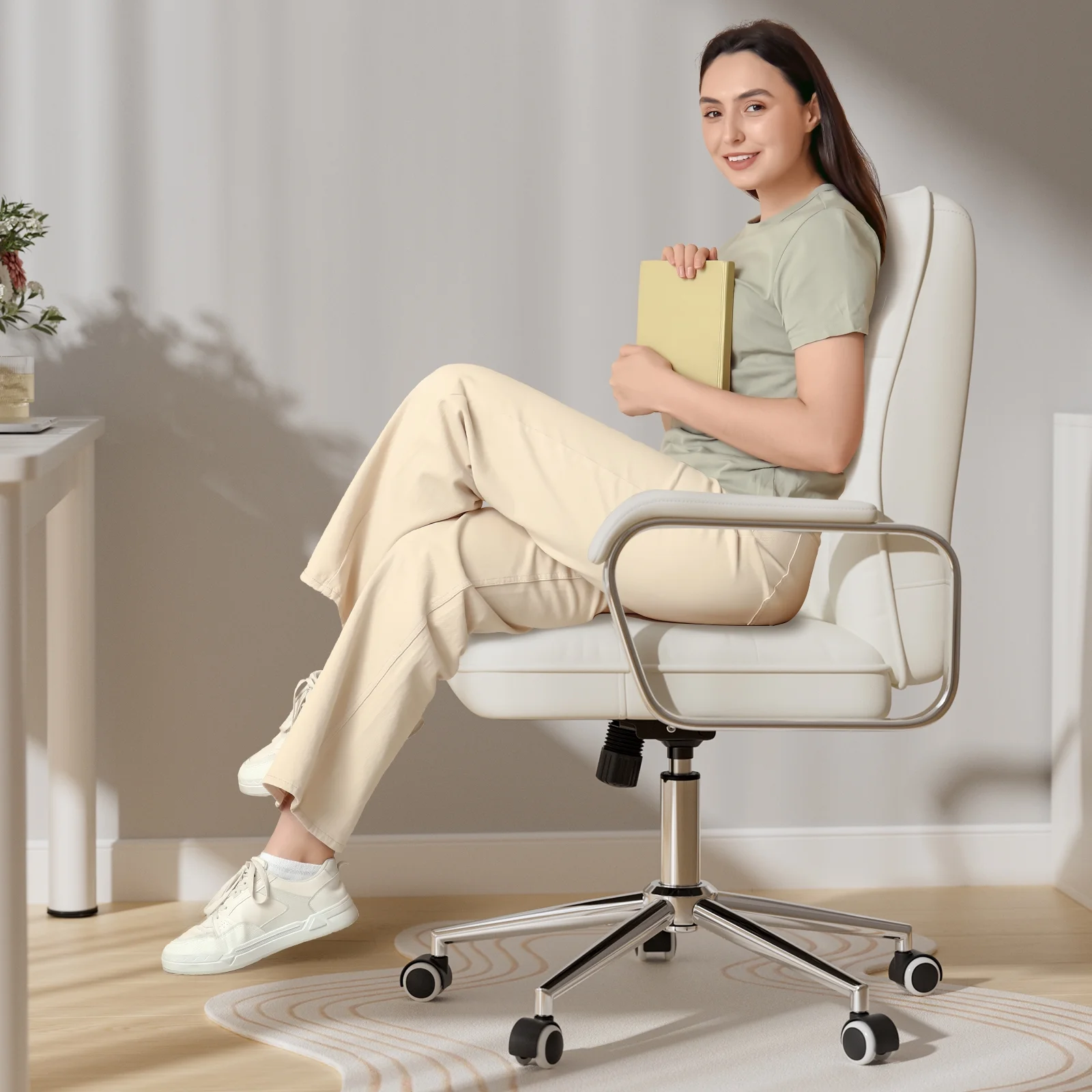 White Office Chair, Swivel Leather Computer Desk Chair with Wheels and Padded Arms, Executive Office Chair for Adults(White) Image 6