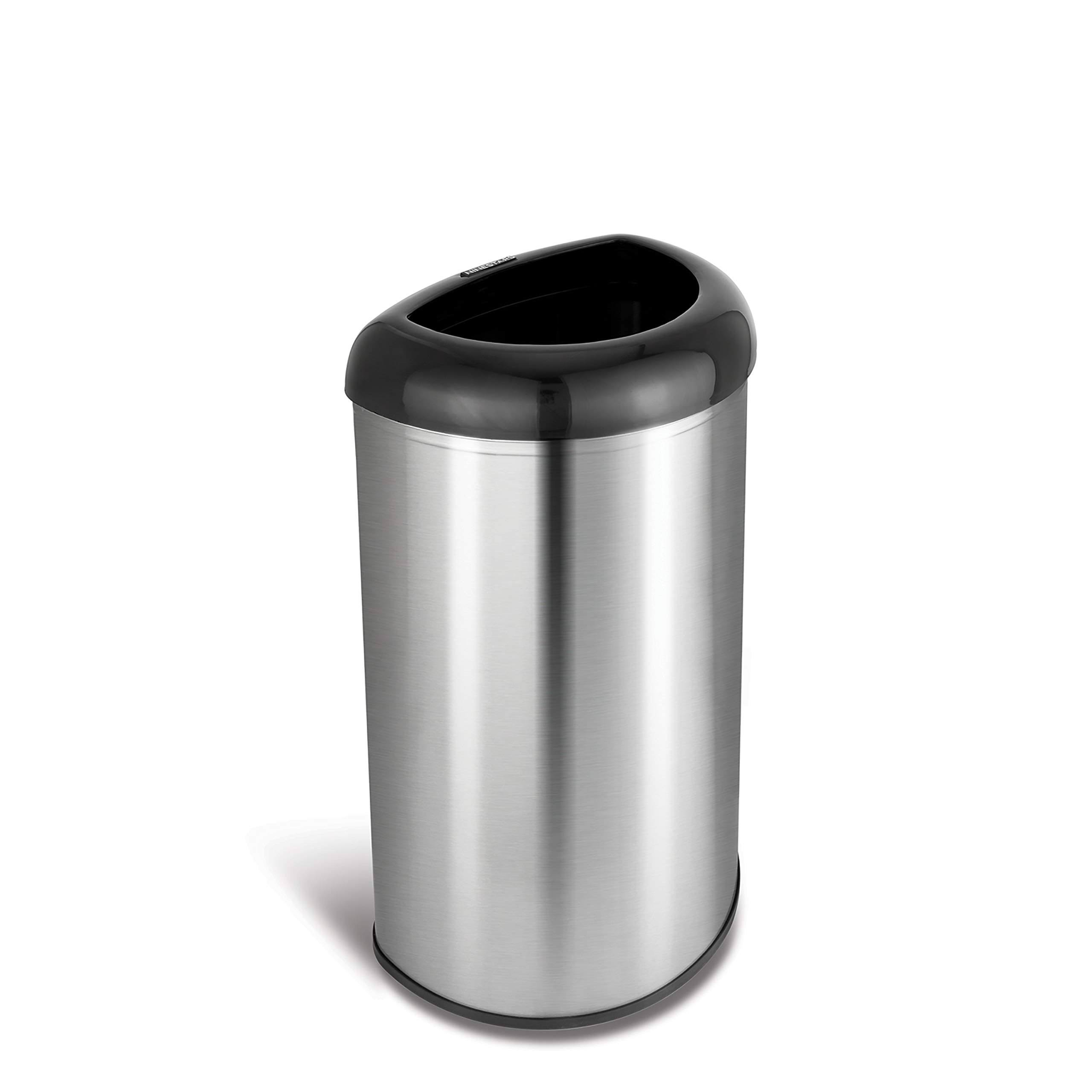 Ninestars OTT-50-19BK Open Top Office Bathroom Trash Can 13 Gal 50L Stainless Steel Base (D Shape Black Lid)