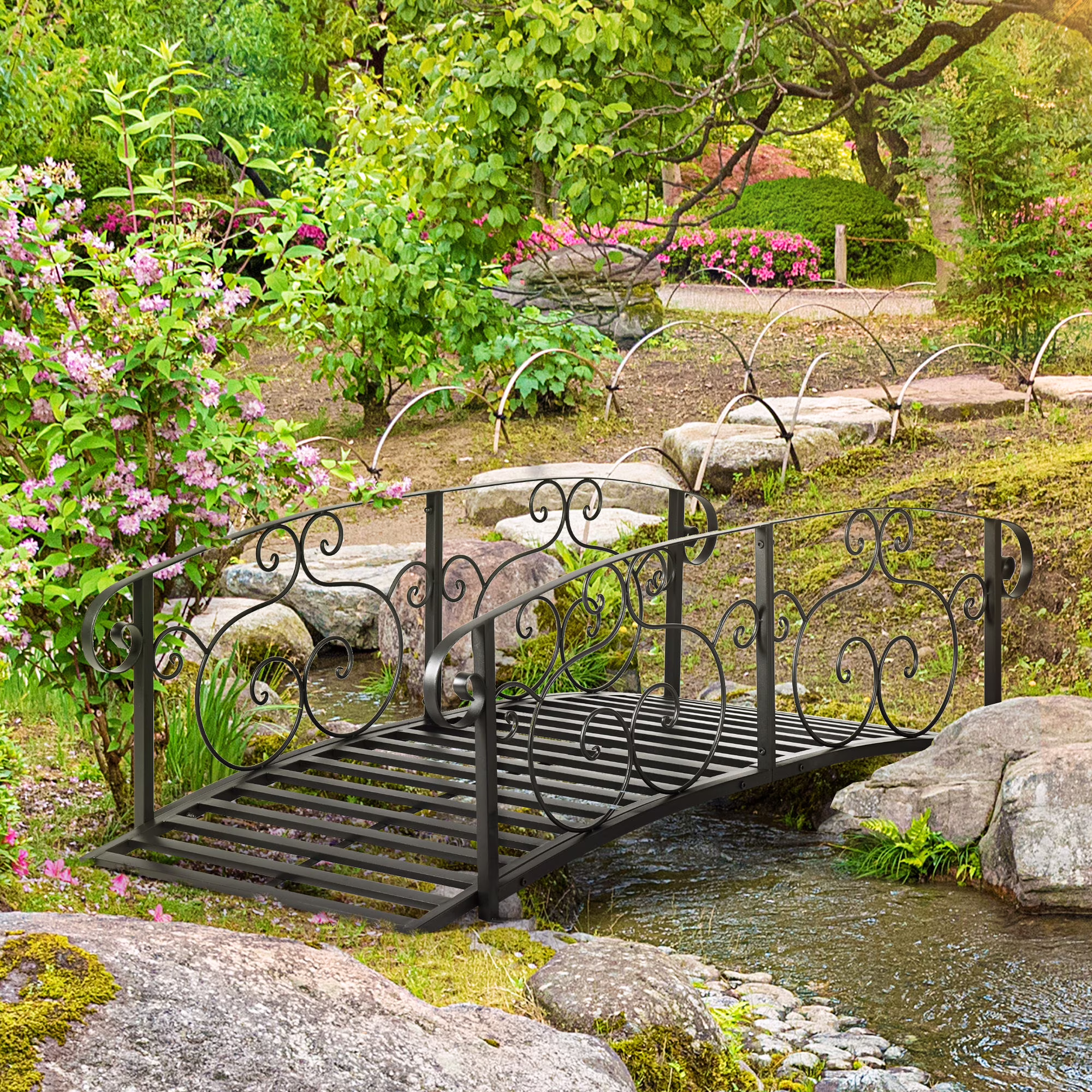 JWRWEF 6FT Garden Bridge with Safety Rails, Decorative Outdoor Steel Pond Bridge, Vine Pattern Handrails for Backyard, Walkway, Yard, Patio, Water Feature