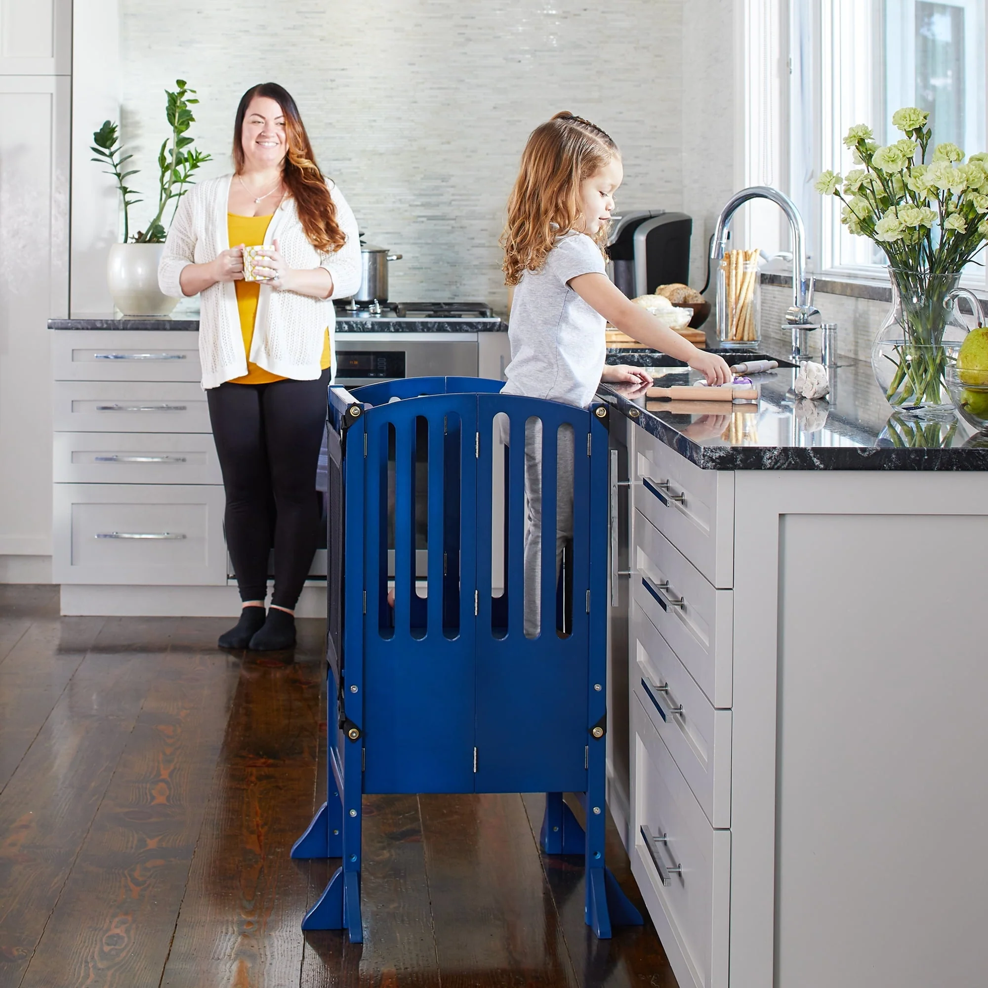 Guidecraft Contemporary Kitchen Helper® Stool - Royal Navy: Folding Toddler Safety Tower with 2 Keepers and Non - Slip Mat, Adjustable Height Step Stool for Little Helpers, Kids Learning Furniture