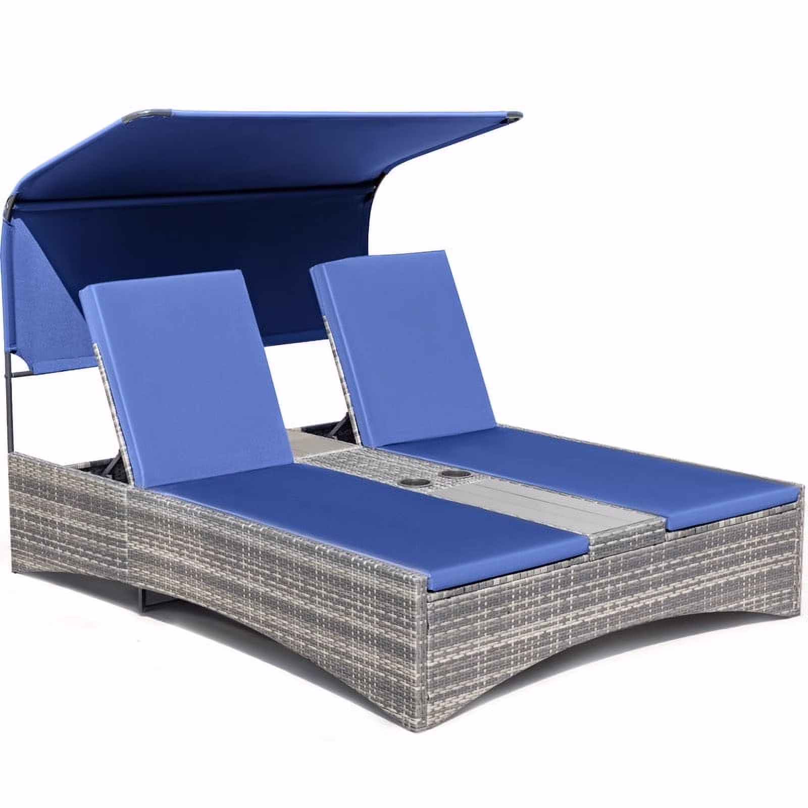 Rattan Double Lounge Chaise, Adjustable Backrest Daybed with Sunshade and Cup Holder for Deck, Poolside, Balcony,beige(Beige) - Image 3
