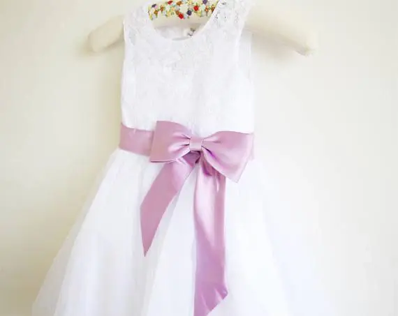 White Lace Lilac Baby Girls Dress, Tulle Flower Girl Dresses With Lilac Sash DM203