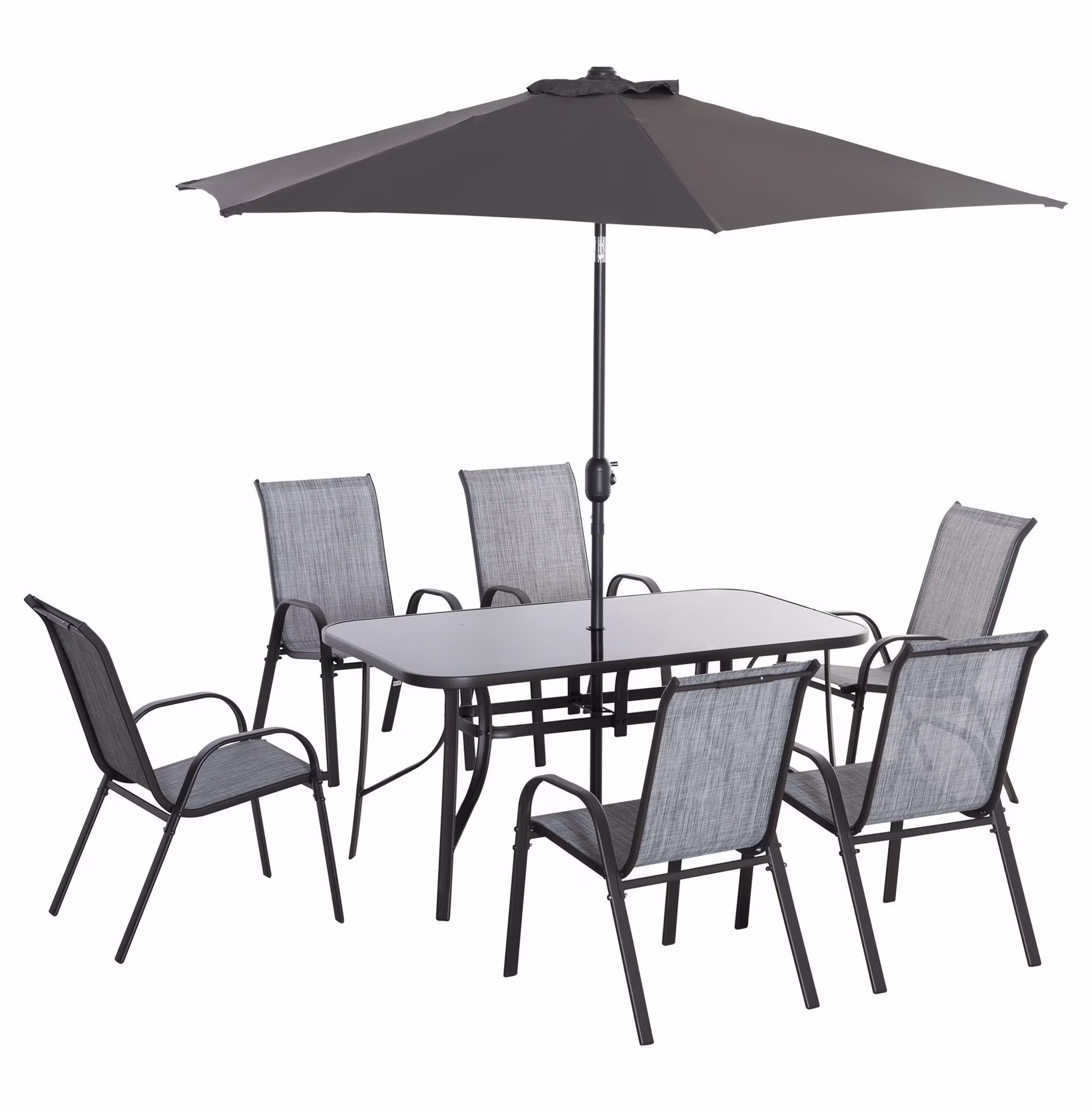 8-Piece Outdoor Dining Set with Umbrella, Patio Table and Chairs, Fast-Dry Fabric, 6 Chairs, Grey