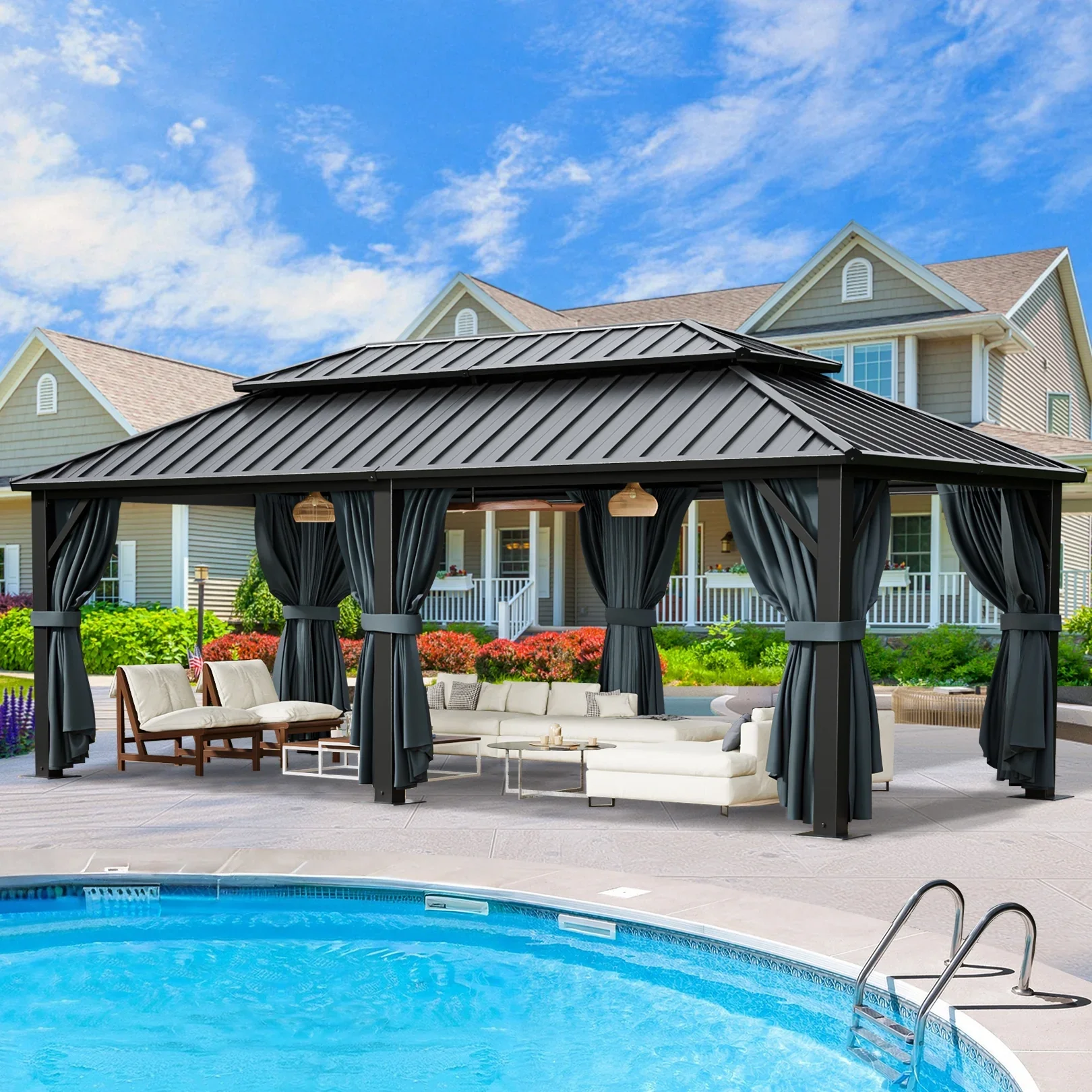 COBIZI 10x12 Hardtop Gazebo Aluminum Gazebos with Galvanized Steel Double Roof Metal Gazebo with Curtains and Netting Permanent Steel Gazebo for Backyard, Garden and Patio, Brown