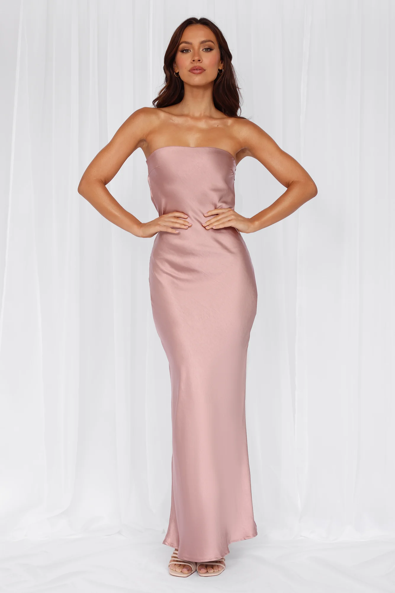 HELLO MOLLY The Felicity Strapless Satin Maxi Dress Dusty Pink