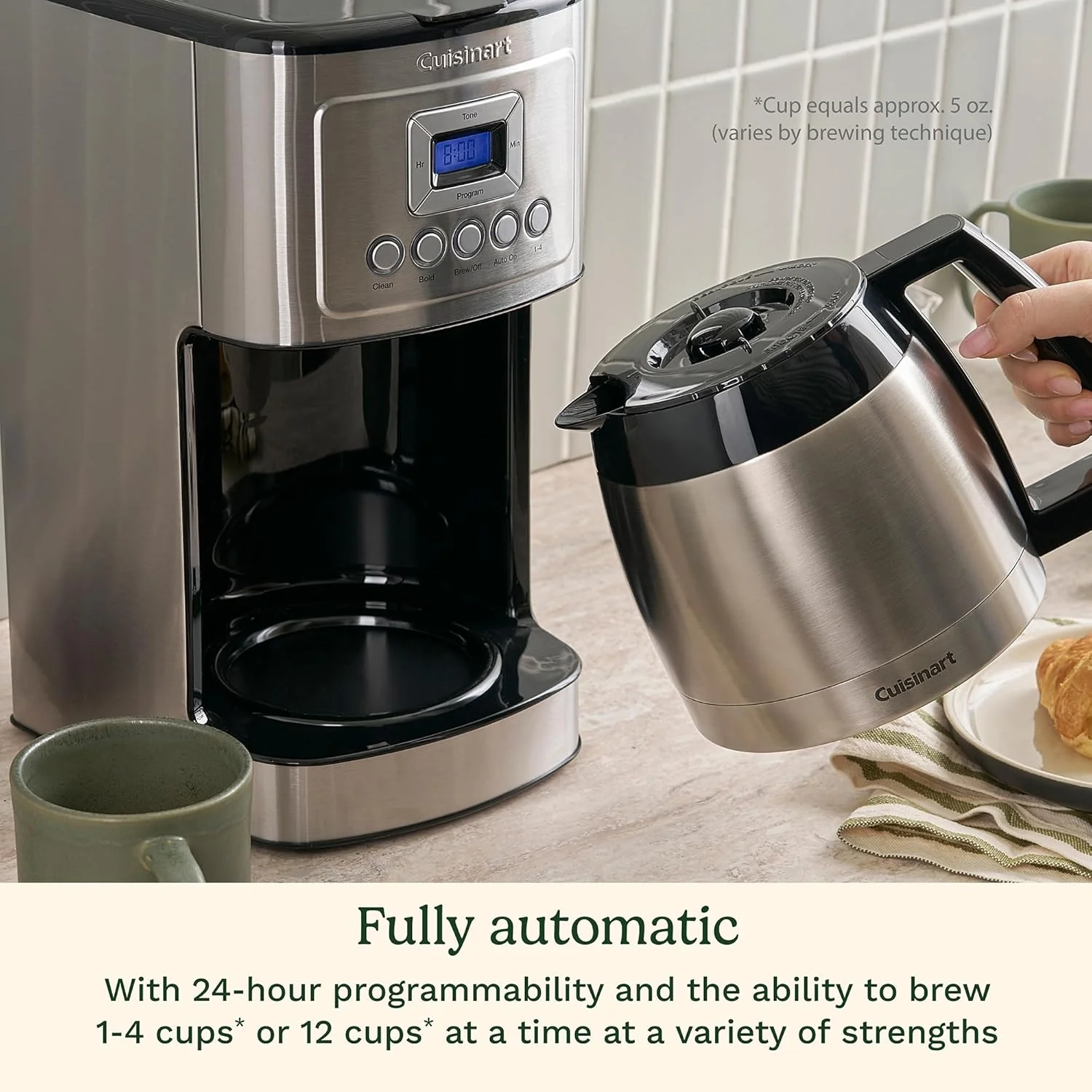 Cafetière Cuisinart 12 tasses, cafetière programmable PerfecTemp avec verseuse isotherme, réglage de 1 à 4 tasses, contrôle de l'intensité du café et fonction pause, acier inoxydable, DCC-3400NAS, argent