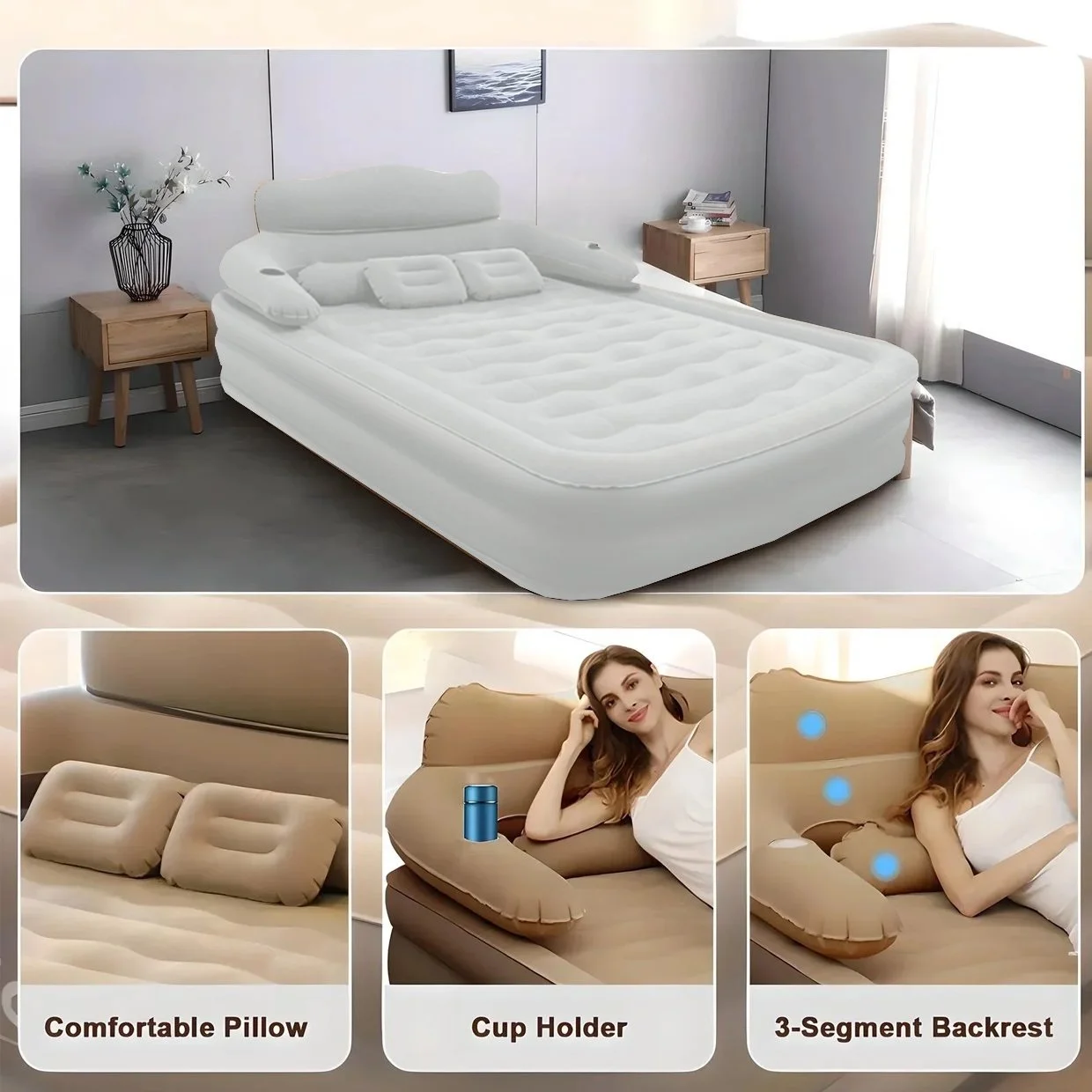 Queen Air Mattress with Backrest �C 18.9" Thick Inflatable Bed, Built-in Pump Night Light, Waterproof Flocked Top, 800lb Load-Bearing capacity (Light Grey)(Light Grey) - Image 7