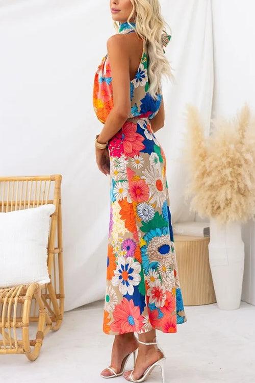 Robe maxi fleurie sans manches à col noué