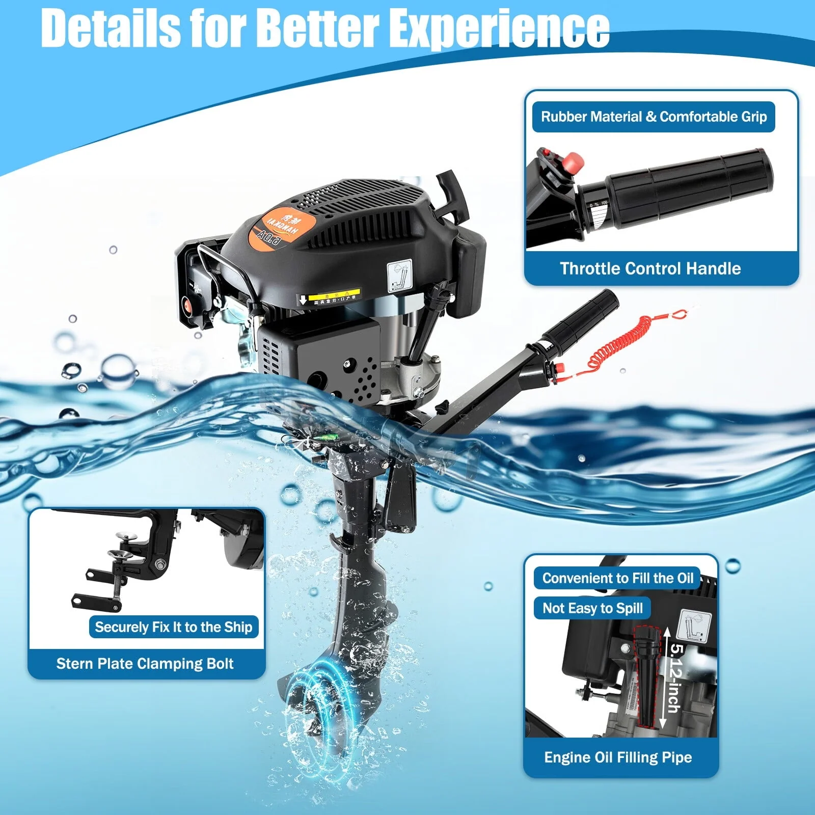 Anqidi 6HP 4 Stroke 140CC Outboard Motor Heavy Duty Inflatable Fishing Boat Gasoline Engine Manual Start TCI Air Cooling System 4500 - 5500rpm(Joystick Length 15.35in)