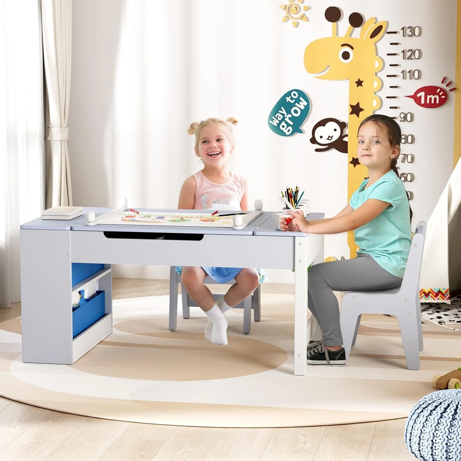 Kids Art Table and 2 Chairs Set, 2 in 1 Easel Toddler Craft Table and Chairs Set with Storage Bins, Paint Cups and Paper Roll, Activity Table Set for Children 3+(Blue) - Image 8