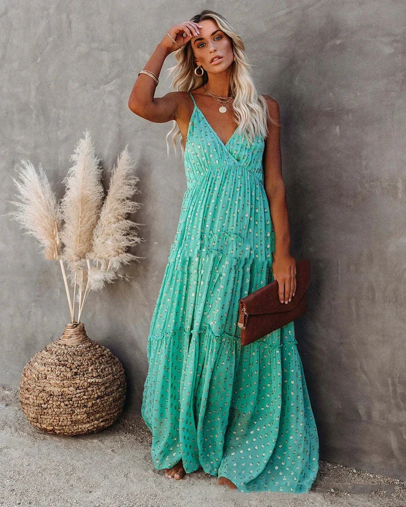 Robe Maxi d'Été Verte Style Bohème Chic