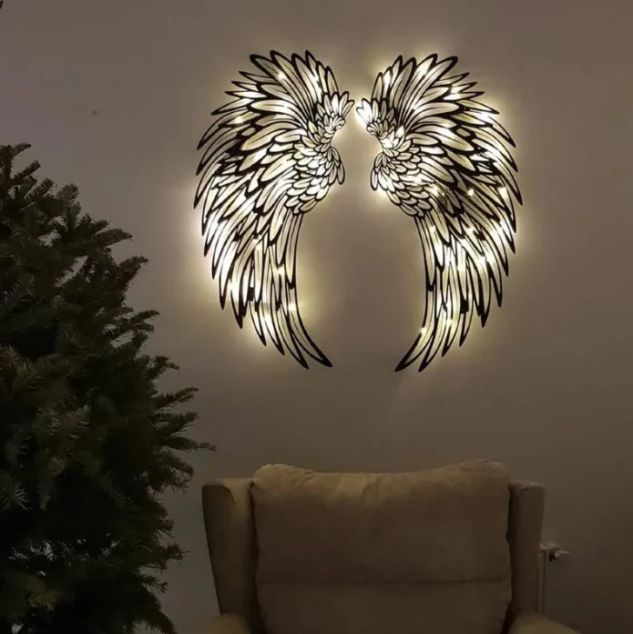 Luxury Angel Wings Metal Wall Art with Soft LED Light – Elegant Home Wall Decor