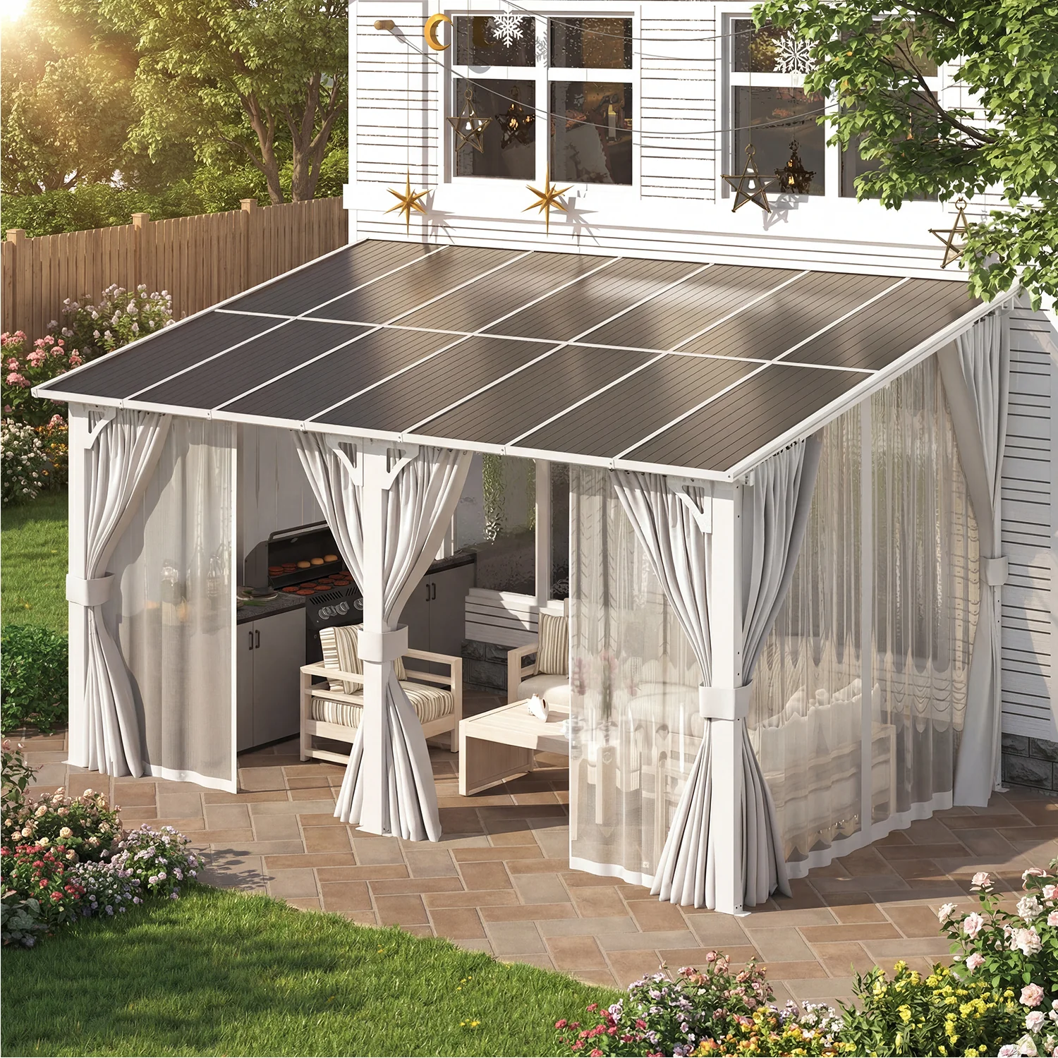 AECOJOY 14'x8' Wall Gazebo with Curtains and Mosquito Netting, White
