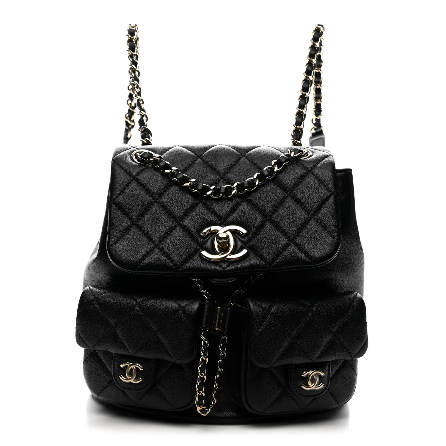 Shiny Caviar Quilted Medium Duma Pockets Drawstring Backpack Black
