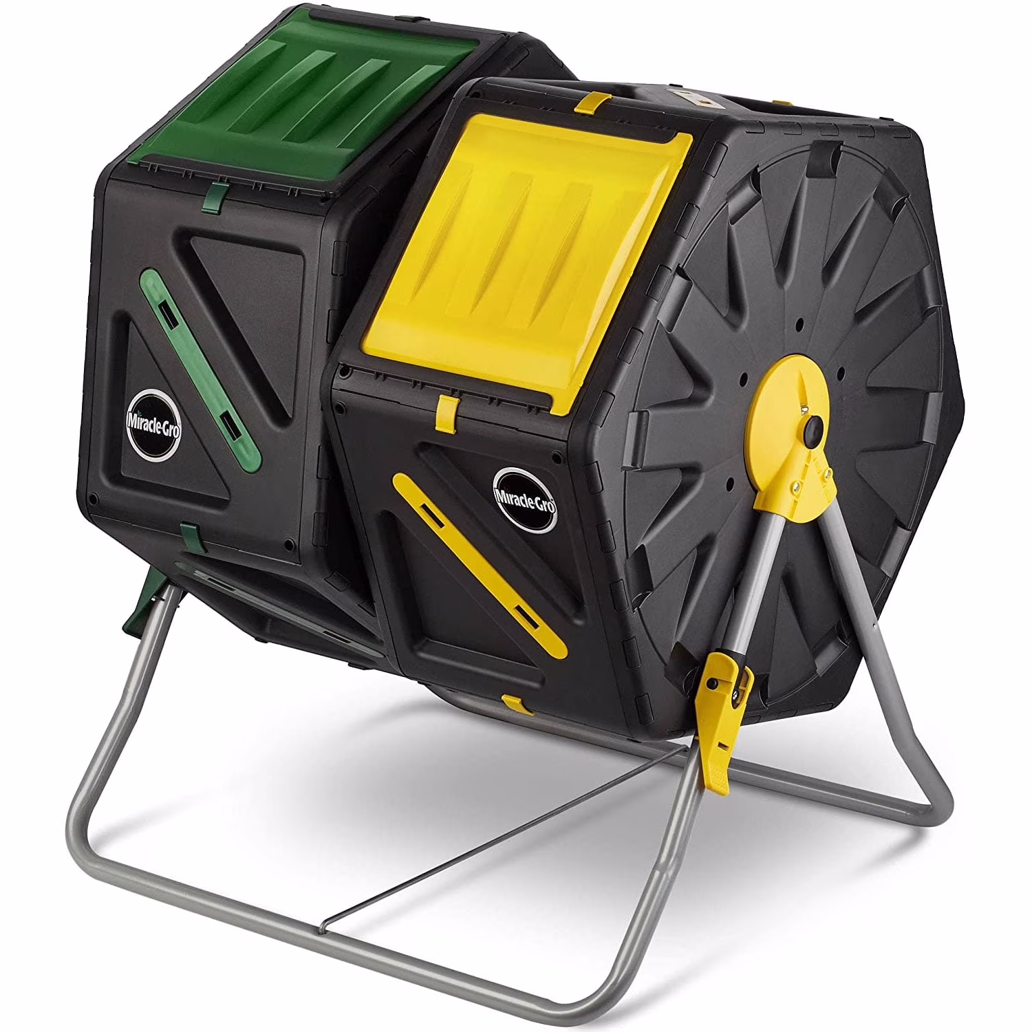 Miracle Gro Dual Chamber Compost Tumbler Outdoor Bin with Easy-Turn System, 2 Sliding Doors, Sturdy Steel Frame, All Season Composter , BPA-Free - Gardening Gloves included